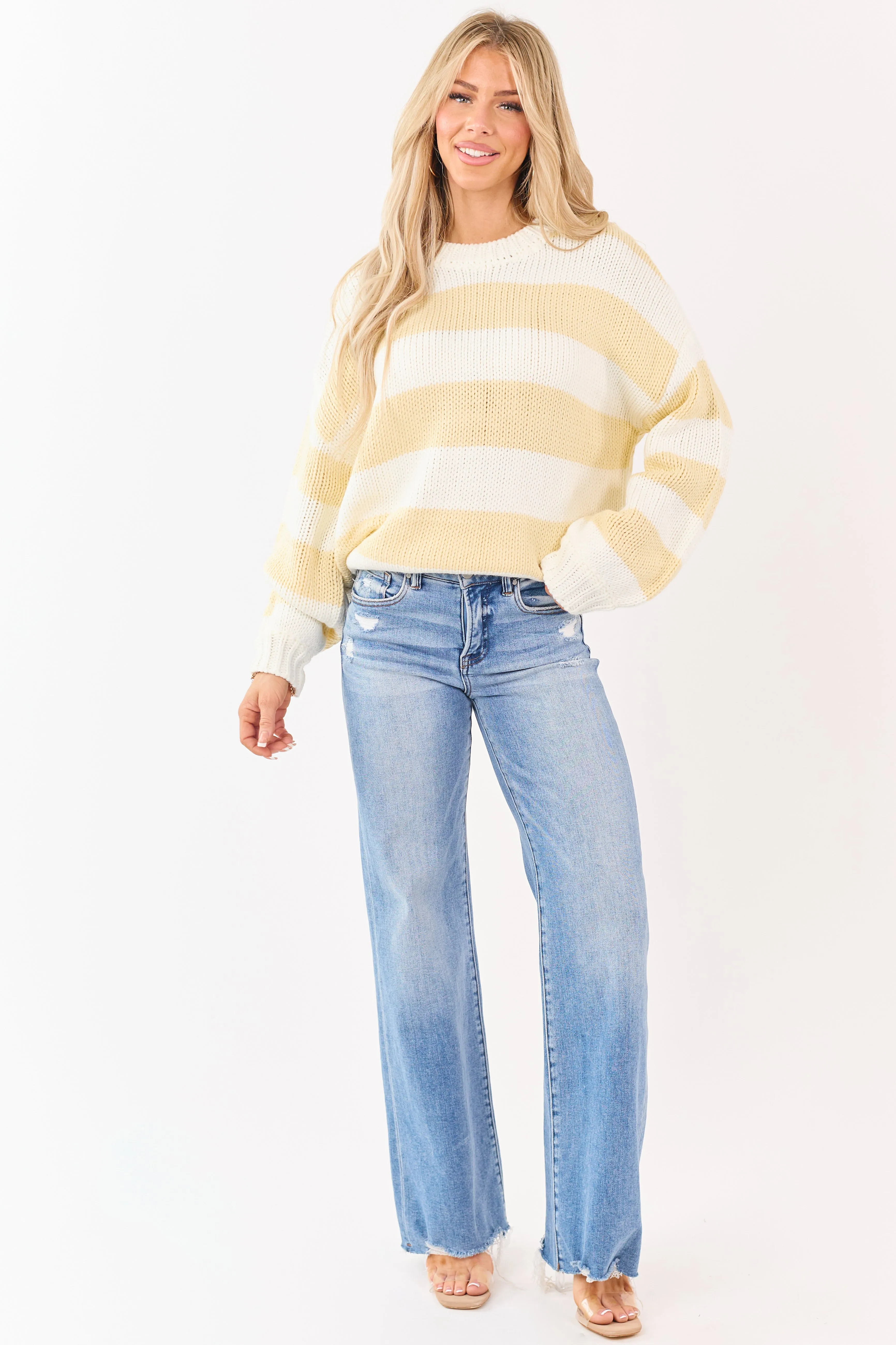 Ivory and Buttercream Striped Chunky Knit Sweater sold by Lime Lush product image thumbnail 3