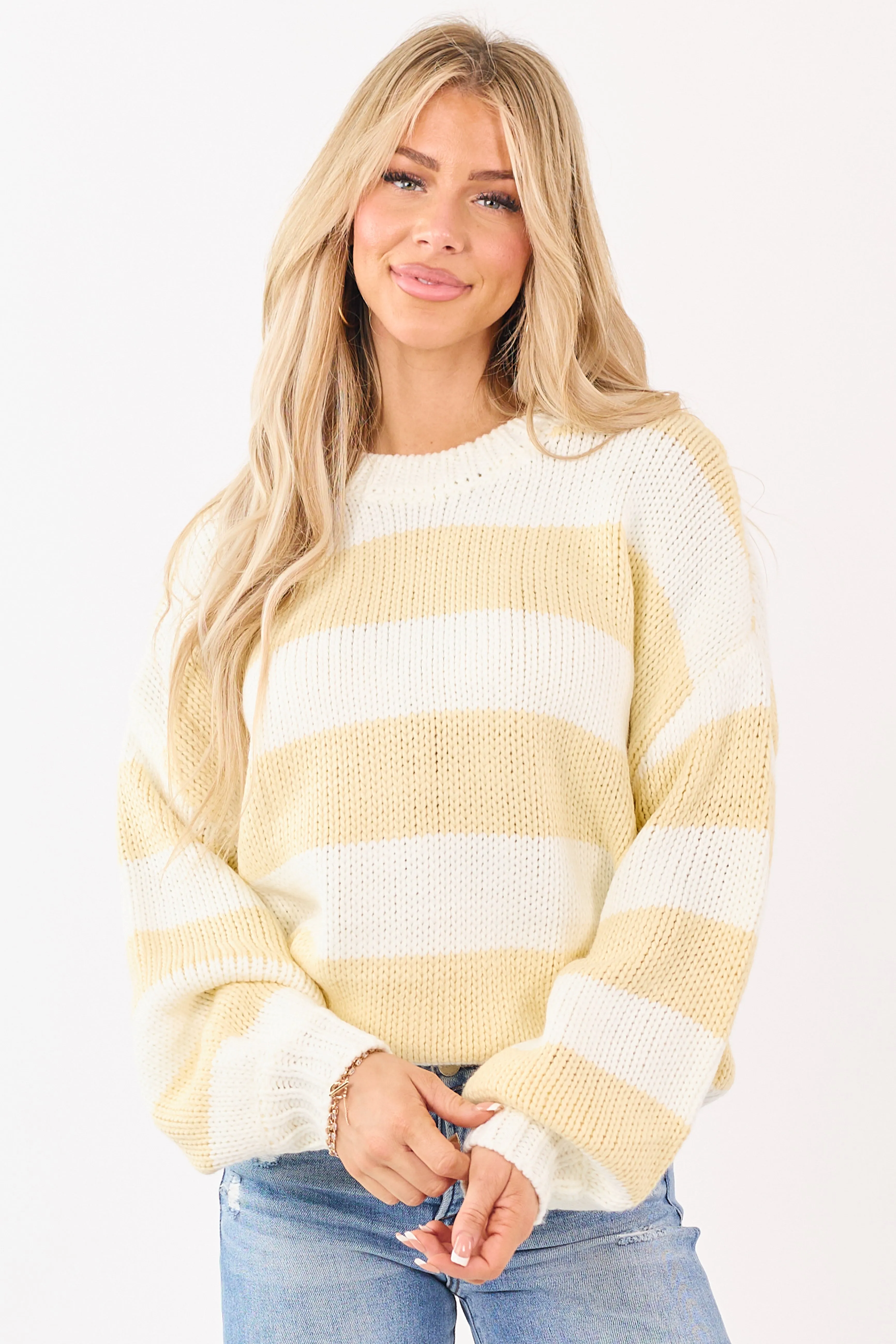 Ivory and Buttercream Striped Chunky Knit Sweater sold by Lime Lush