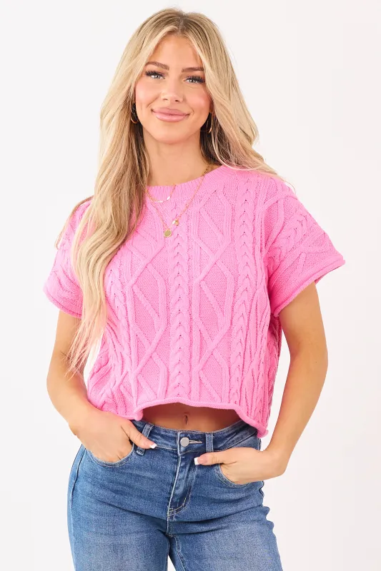 Entro Bubblegum Short Sleeve Cable Knit Sweater Top sold by Lime Lush