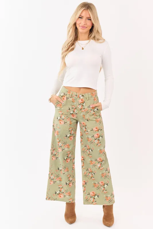 Sage Rose Print Wide Leg High Rise Jeans made by BiBi