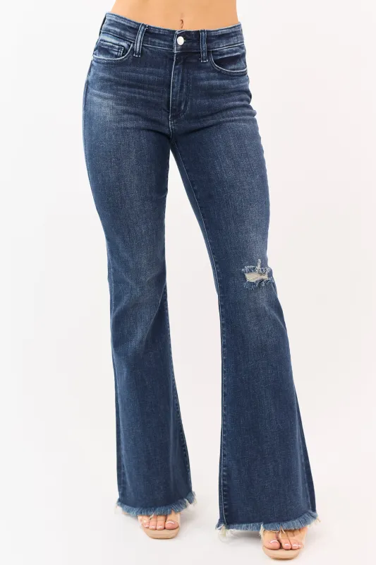 Judy Blue Dark Wash Stretchy Flare Frayed Hem Jeans sold by Lime Lush