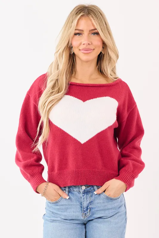 Cherry Heart Graphic Off Shoulder Rib Knit Sweater made by Le Lis