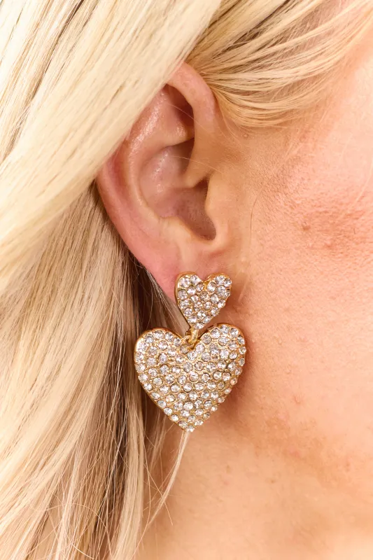 Silver Pave Rhinestone Double Heart Drop Earrings sold by Lime Lush