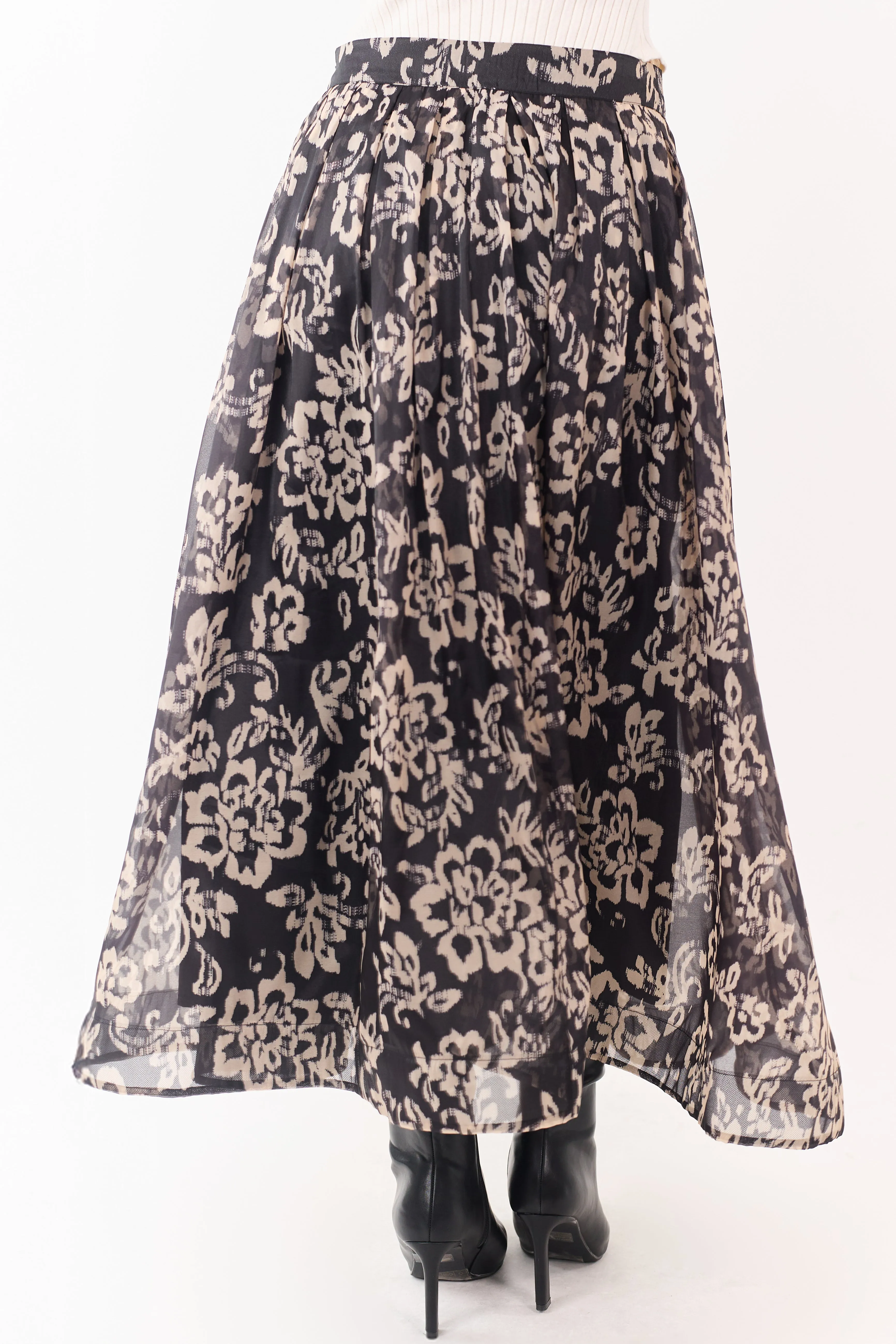 Black and Latte Floral Print Pleated Midi Skirt sold by Lime Lush product image thumbnail 4