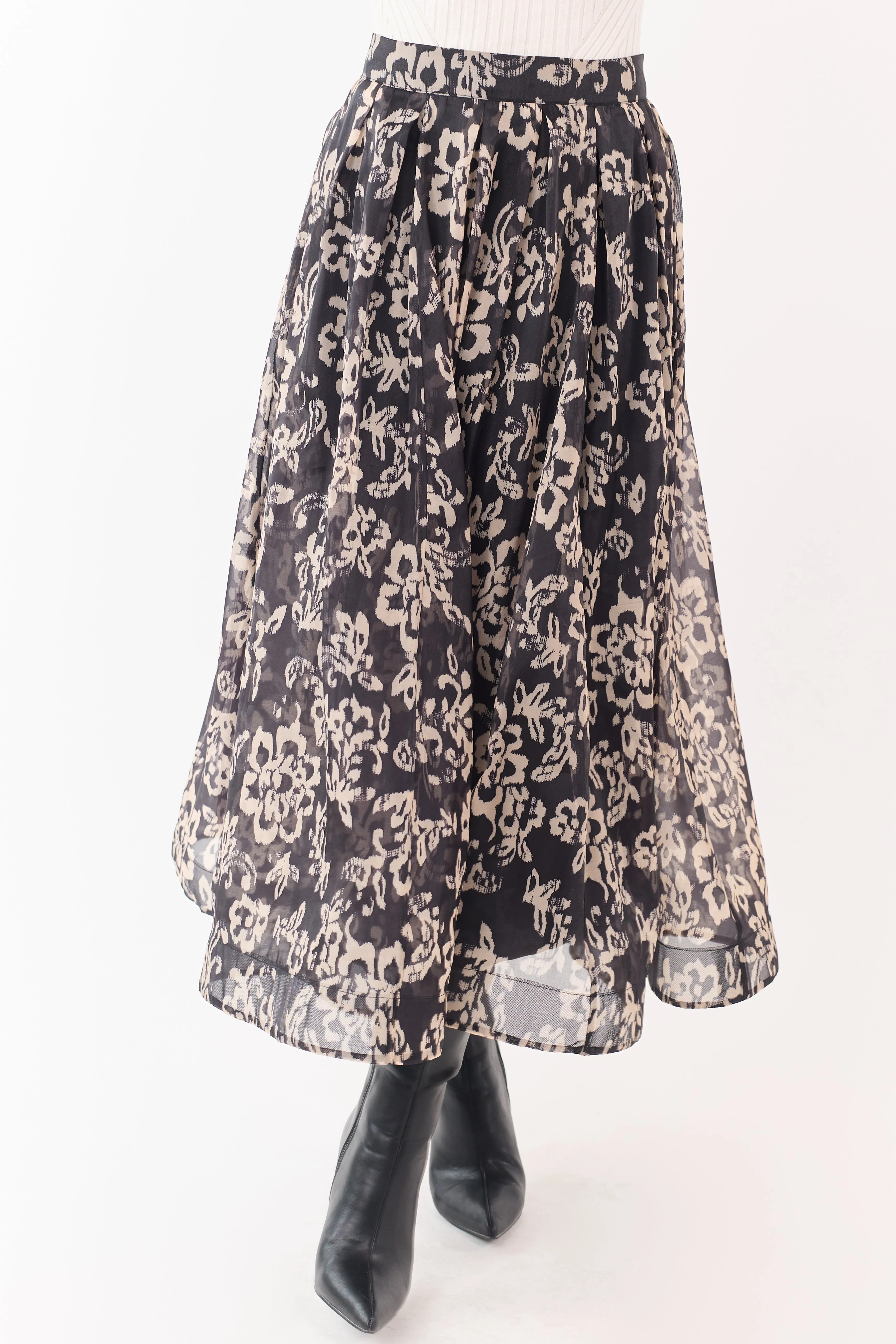 Black and Latte Floral Print Pleated Midi Skirt sold by Lime Lush product image thumbnail 2