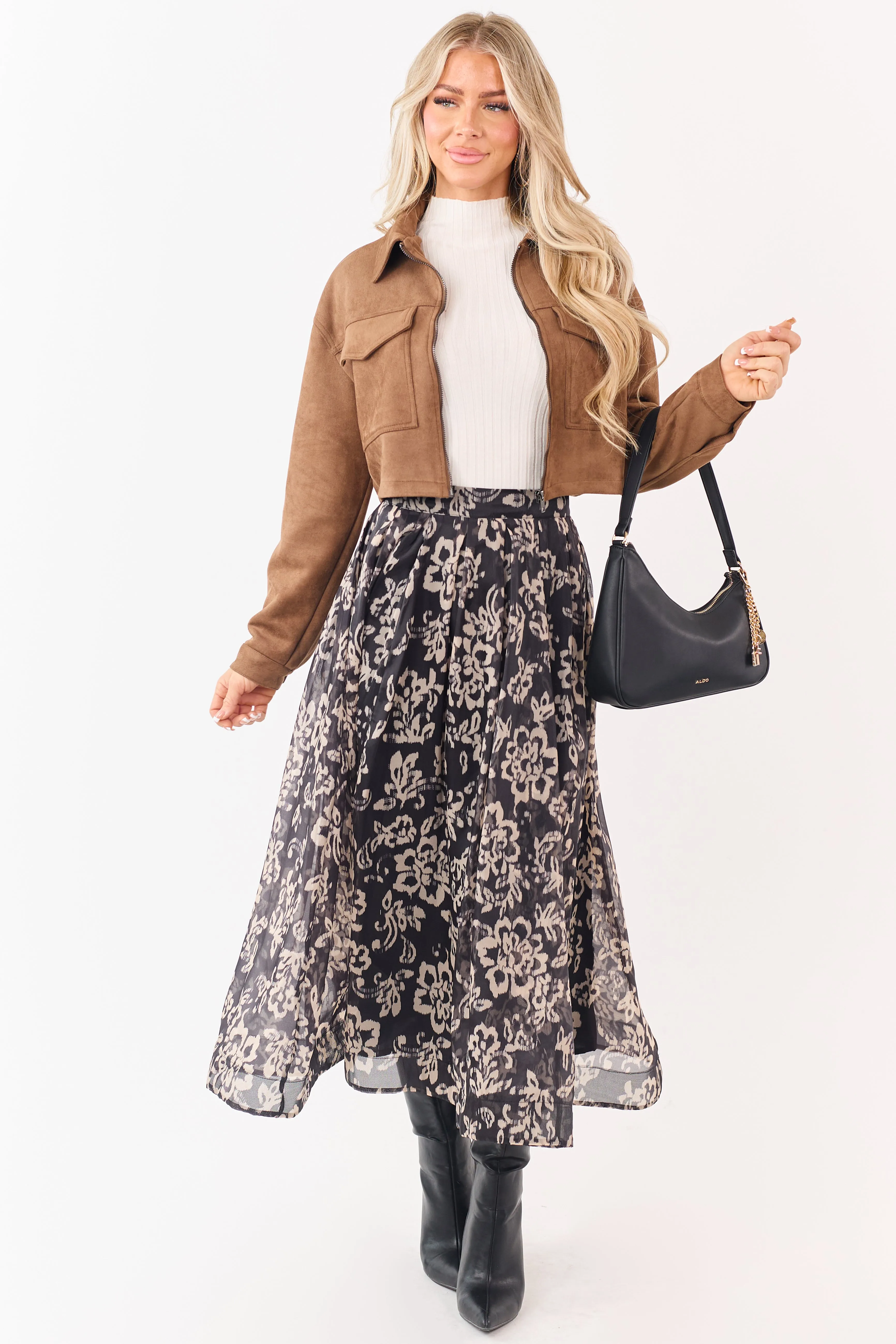Black and Latte Floral Print Pleated Midi Skirt sold by Lime Lush