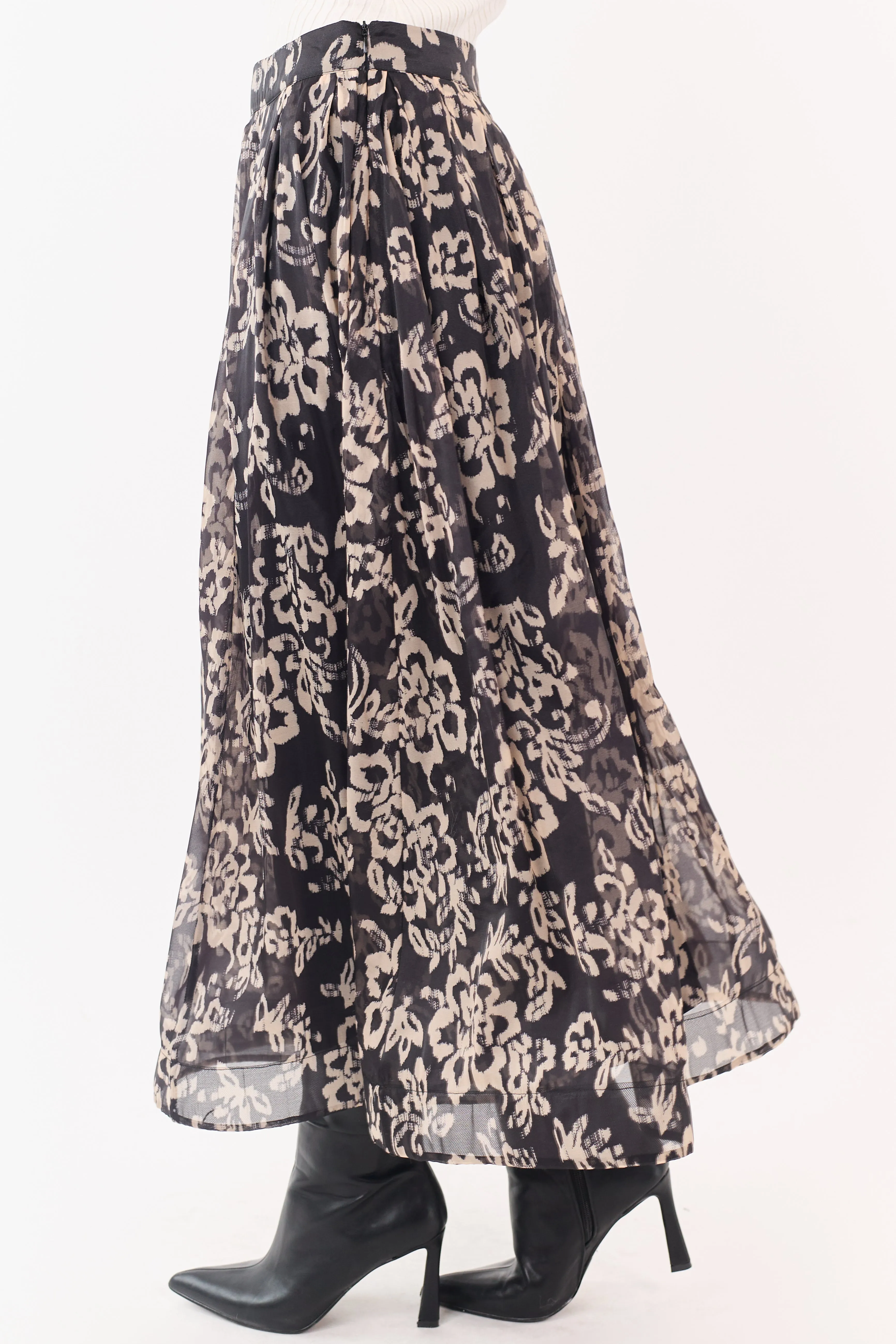 Black and Latte Floral Print Pleated Midi Skirt sold by Lime Lush product image thumbnail 3