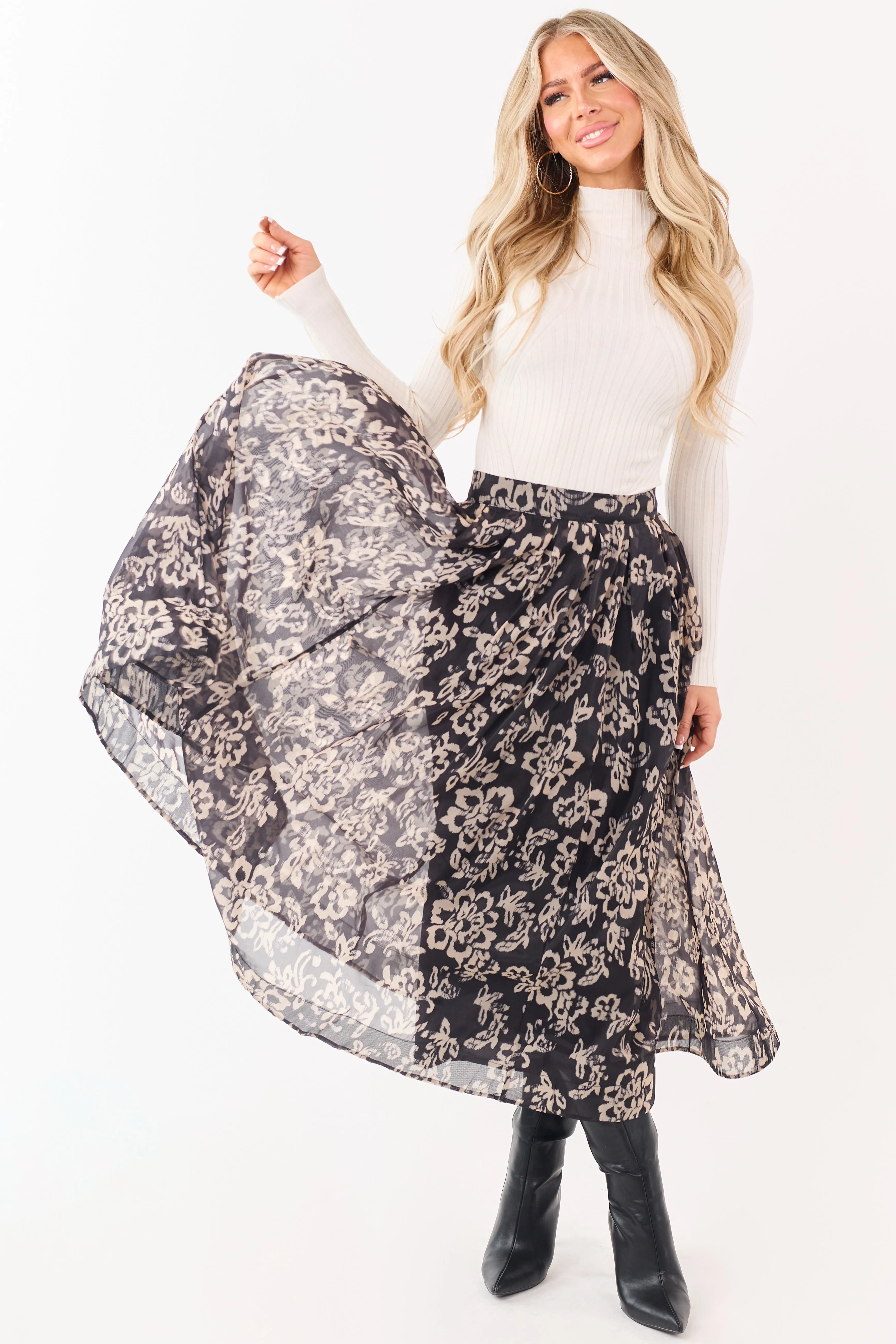Black and Latte Floral Print Pleated Midi Skirt sold by Lime Lush product image thumbnail 5