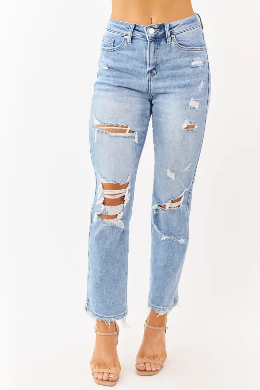 Mica Denim Light Distressed Stretchy Straight Jeans made by Mica Denim