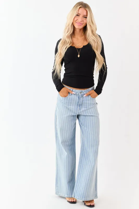 Cello Light Wash Pinstripe Stretchy Wide Leg Jeans sold by Lime Lush
