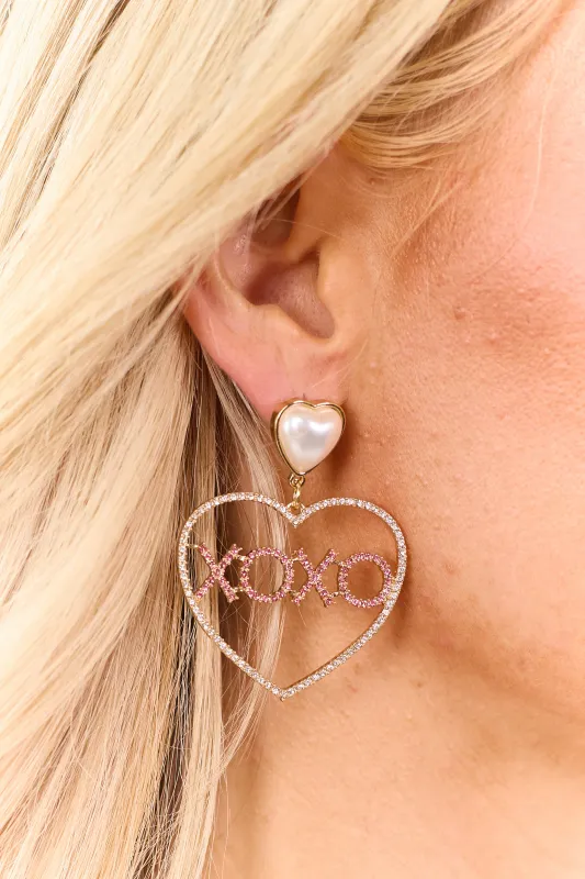 Gold Pave Rhinestone XOXO Heart Dangle Earrings made by Lime Lush