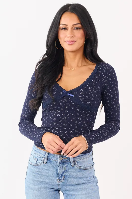 Navy Blue Floral Print Lace Trim Long Sleeve Top sold by Lime Lush
