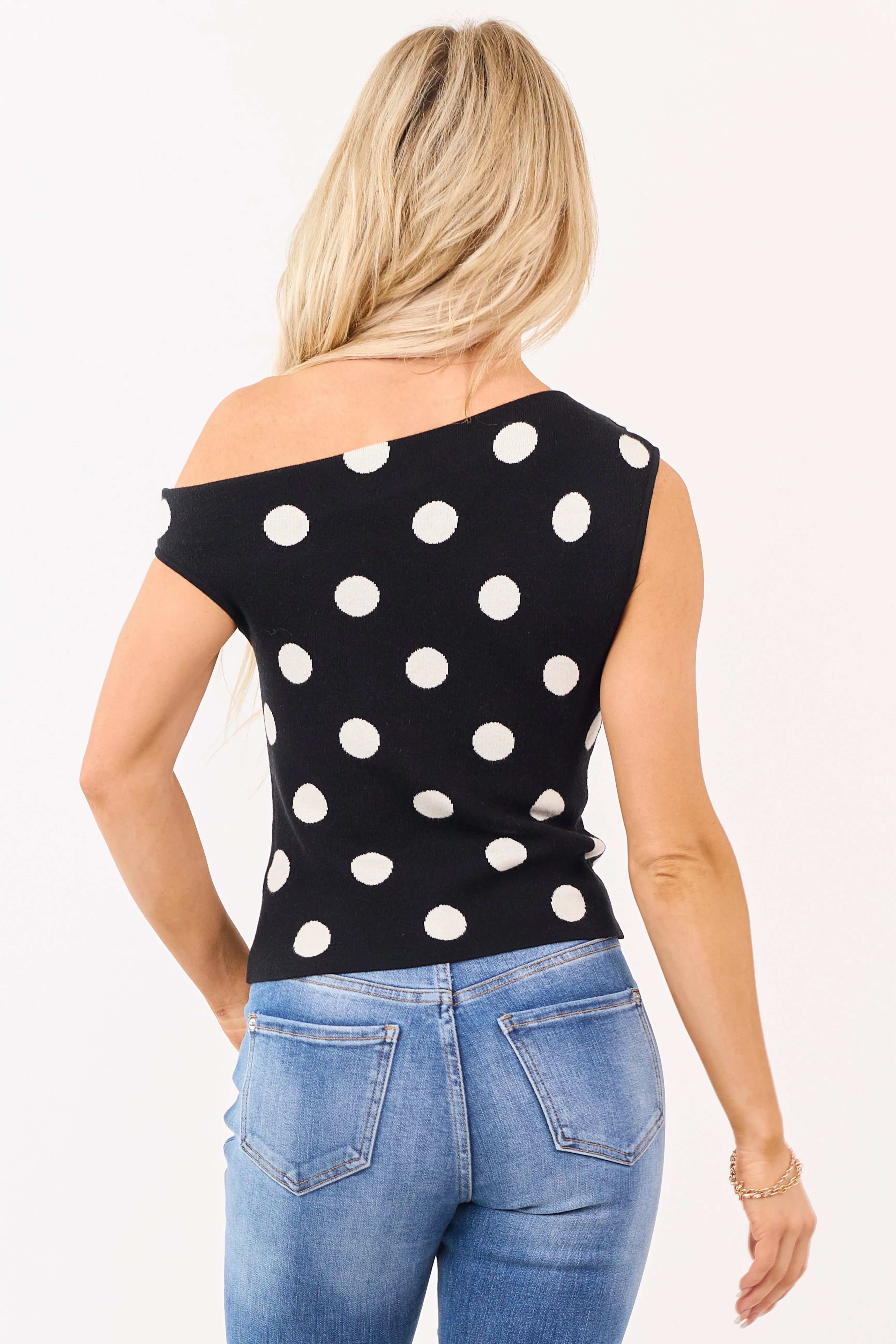 Black Polka Dot Asymmetrical One Shoulder Top sold by Lime Lush product image thumbnail 5