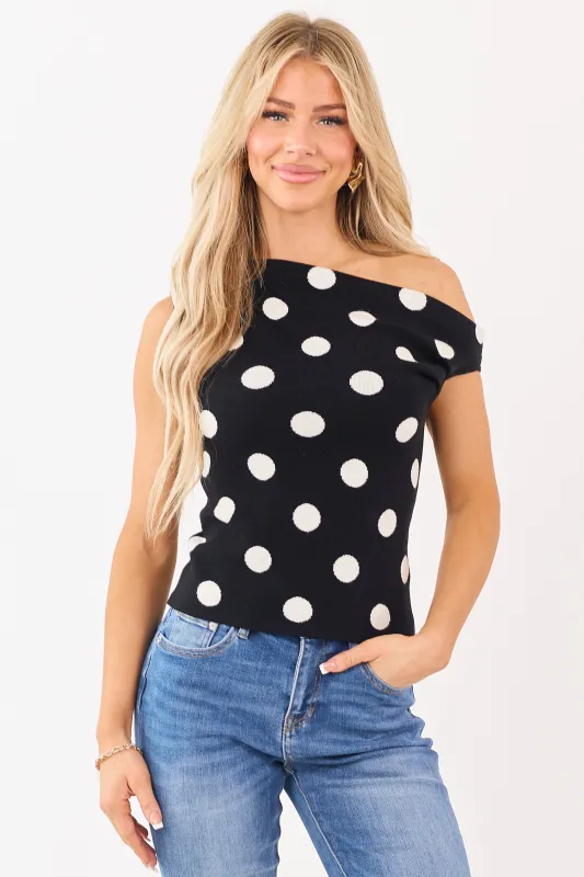 Black Polka Dot Asymmetrical One Shoulder Top made by Le Lis