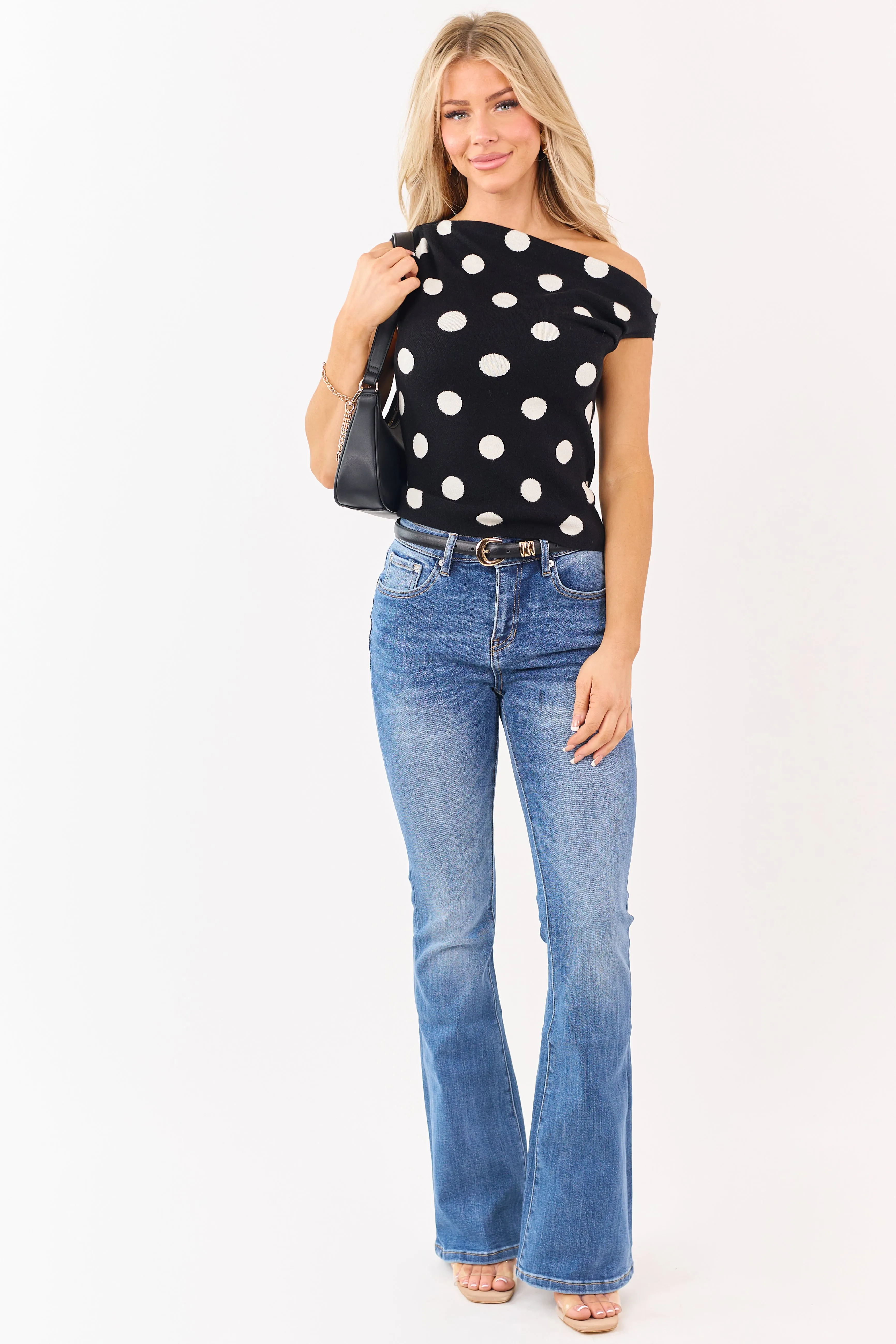 Black Polka Dot Asymmetrical One Shoulder Top sold by Lime Lush product image thumbnail 3