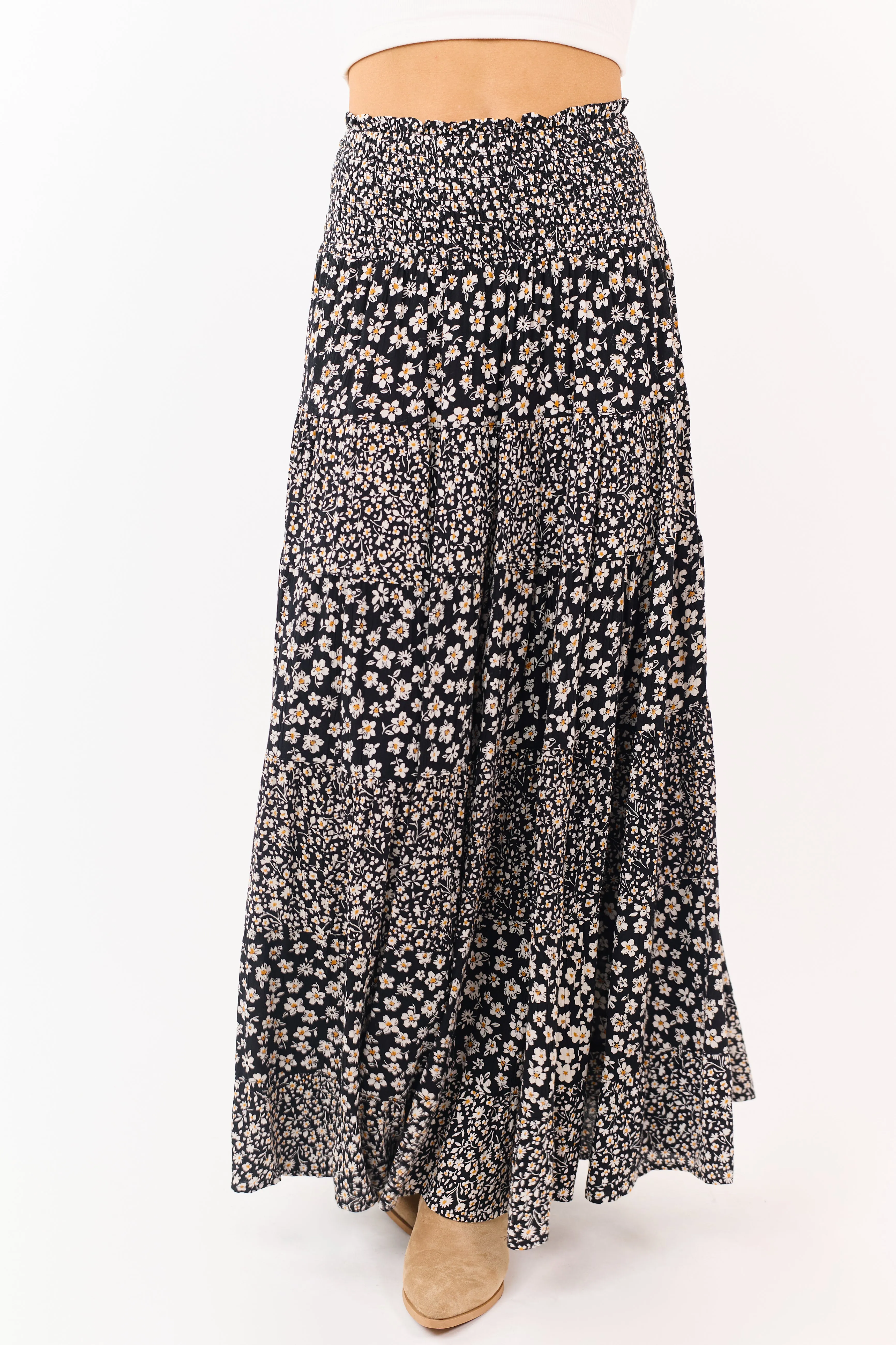 Black Smocked Waist Daisy Print Tiered Maxi Skirt sold by Lime Lush product image thumbnail 2