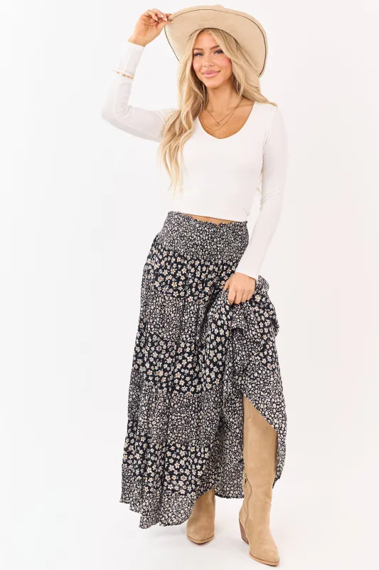 Black Smocked Waist Daisy Print Tiered Maxi Skirt made by Angie