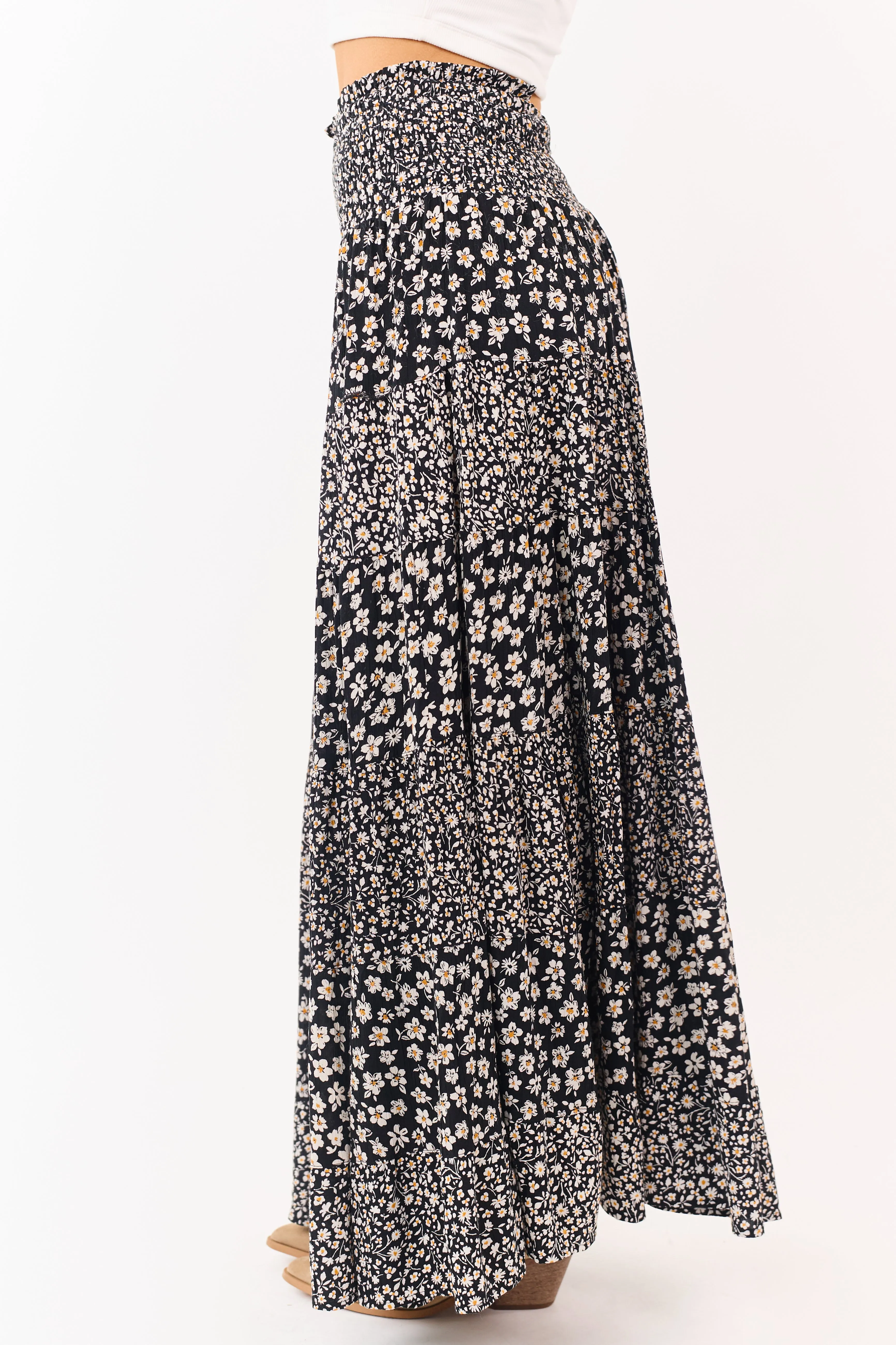 Black Smocked Waist Daisy Print Tiered Maxi Skirt sold by Lime Lush product image thumbnail 3