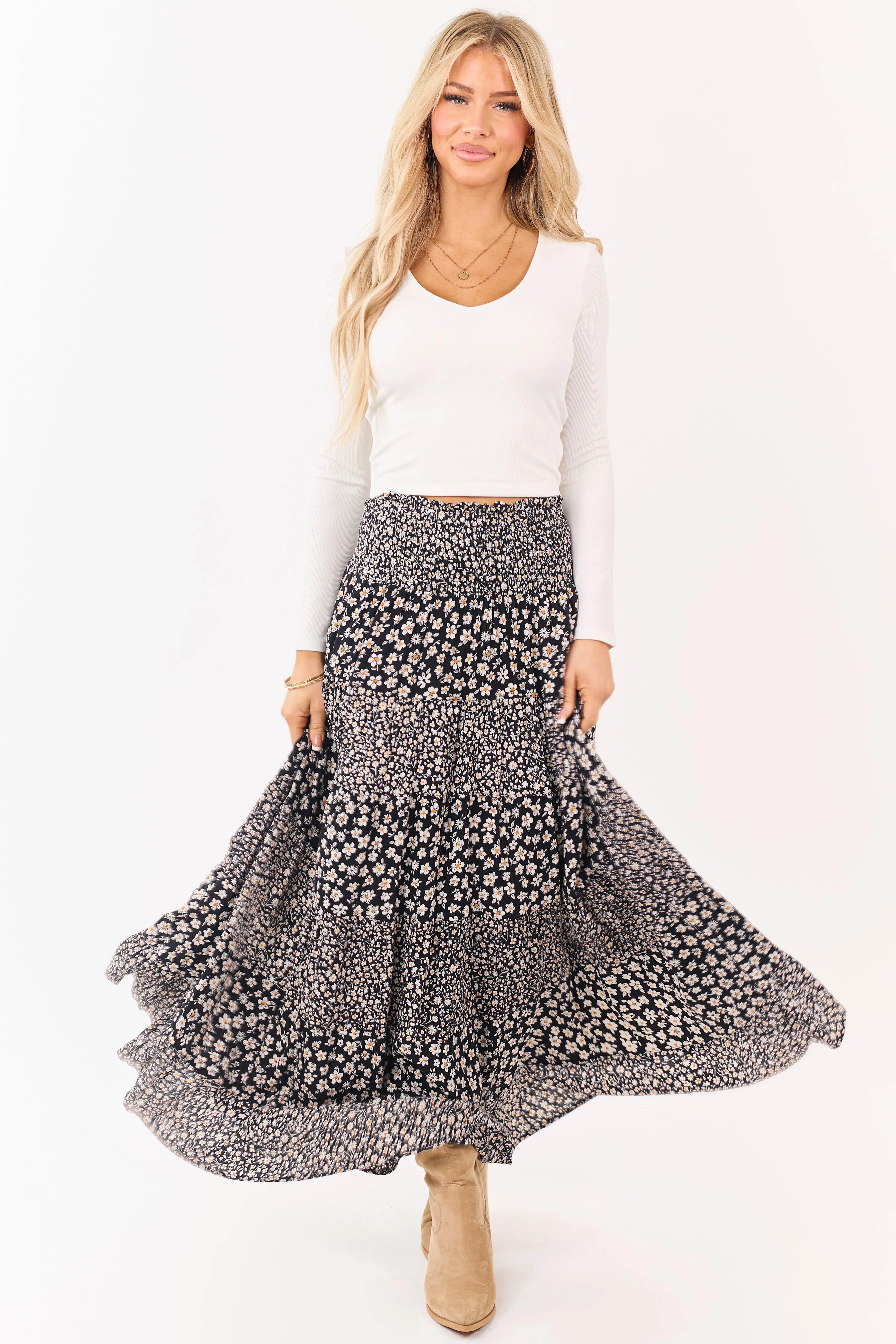 Black Smocked Waist Daisy Print Tiered Maxi Skirt sold by Lime Lush product image thumbnail 5