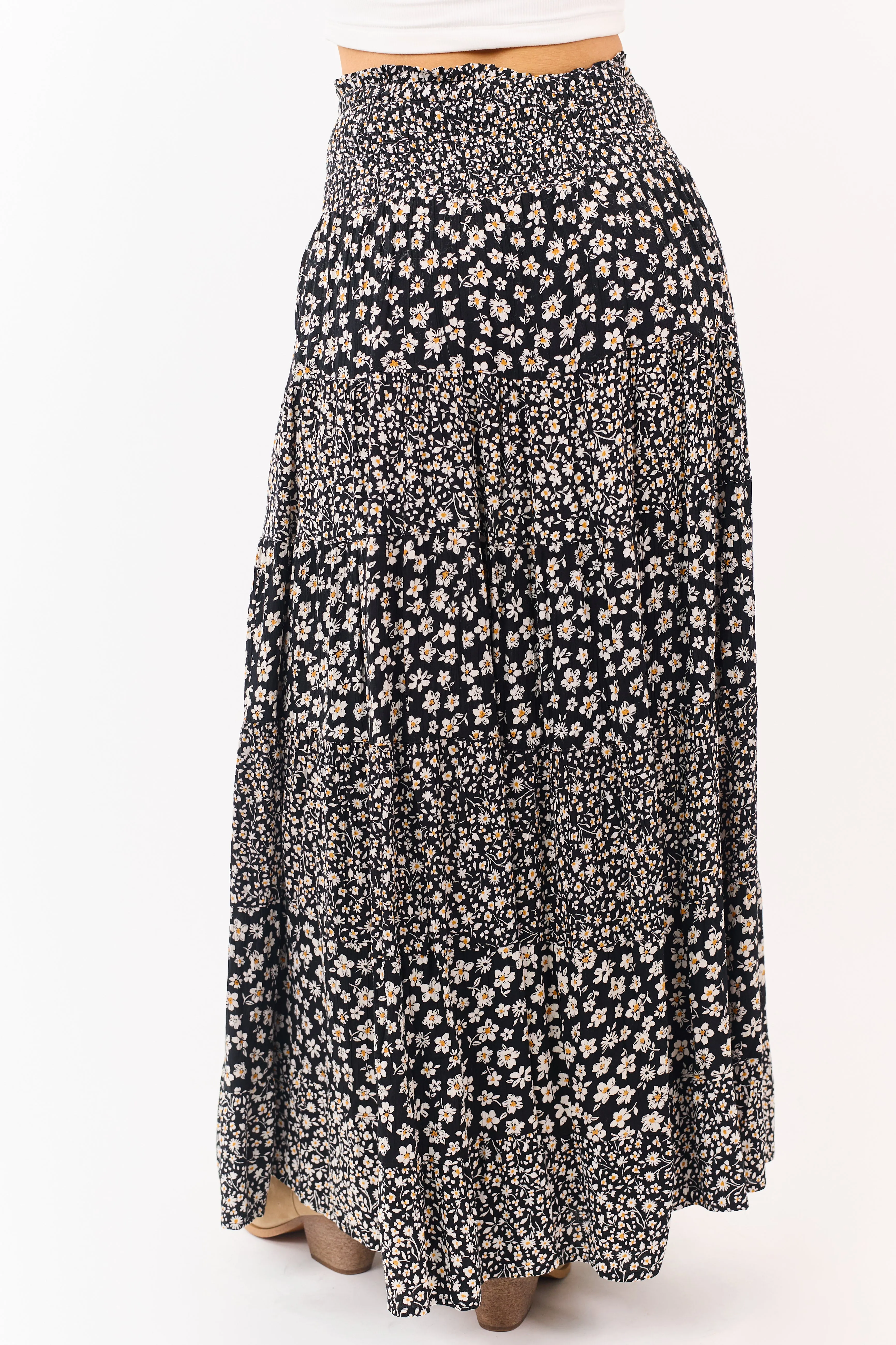 Black Smocked Waist Daisy Print Tiered Maxi Skirt sold by Lime Lush product image thumbnail 4
