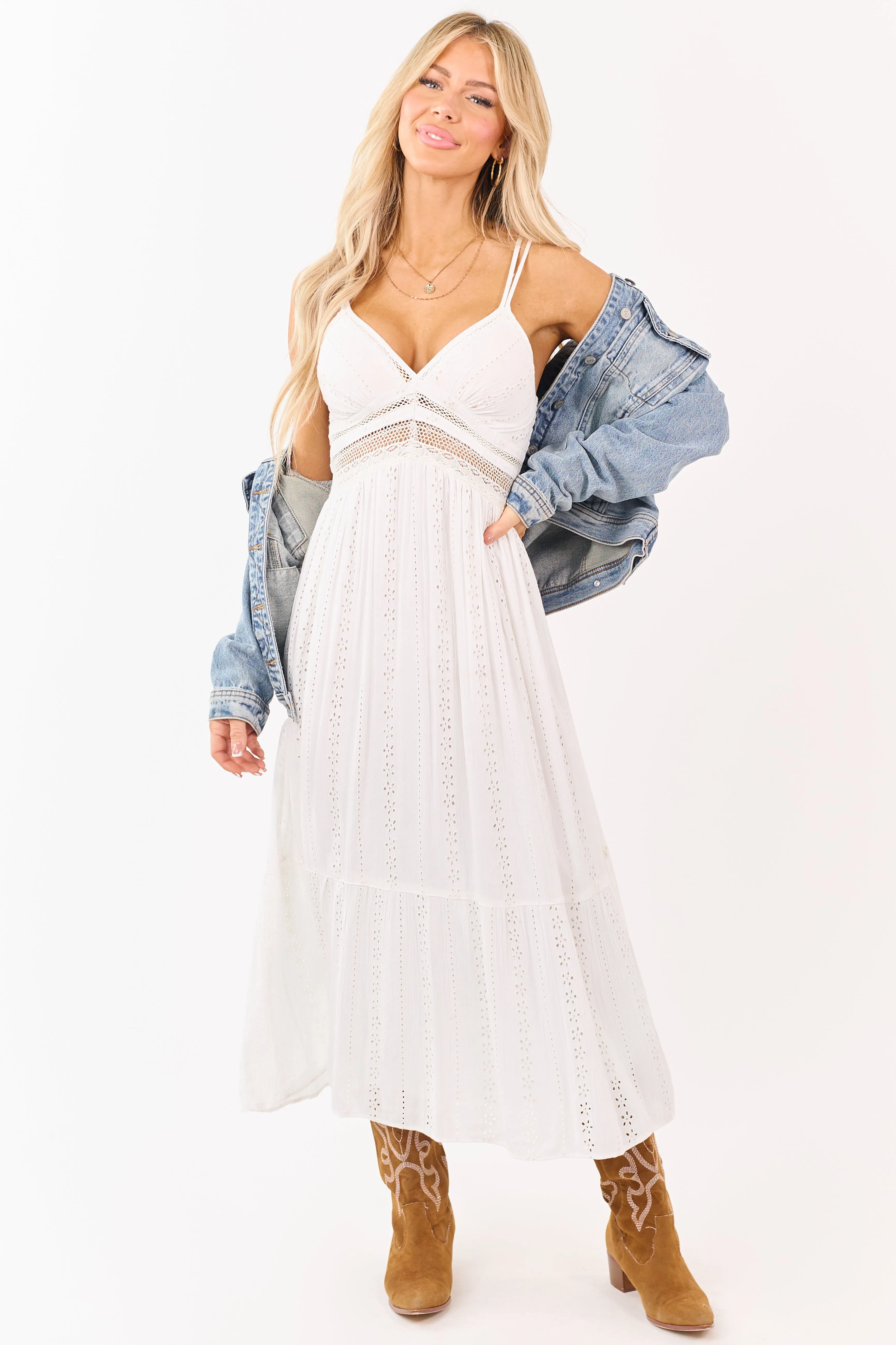 White Eyelet Open Lace Sleeveless Midi Dress sold by Lime Lush product image thumbnail 5