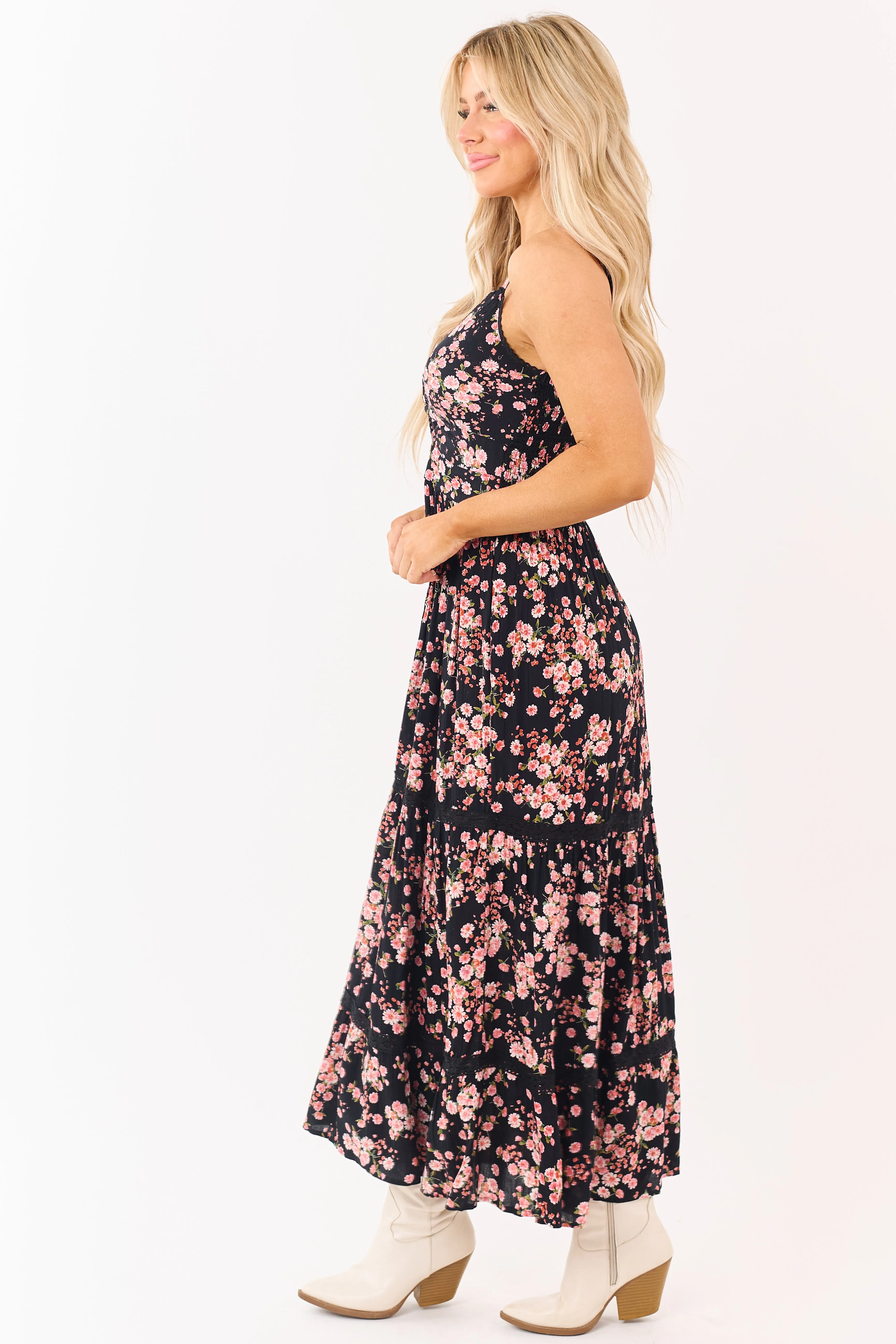 Black Floral Print Front Twist Deep V Maxi Dress sold by Lime Lush product image thumbnail 4