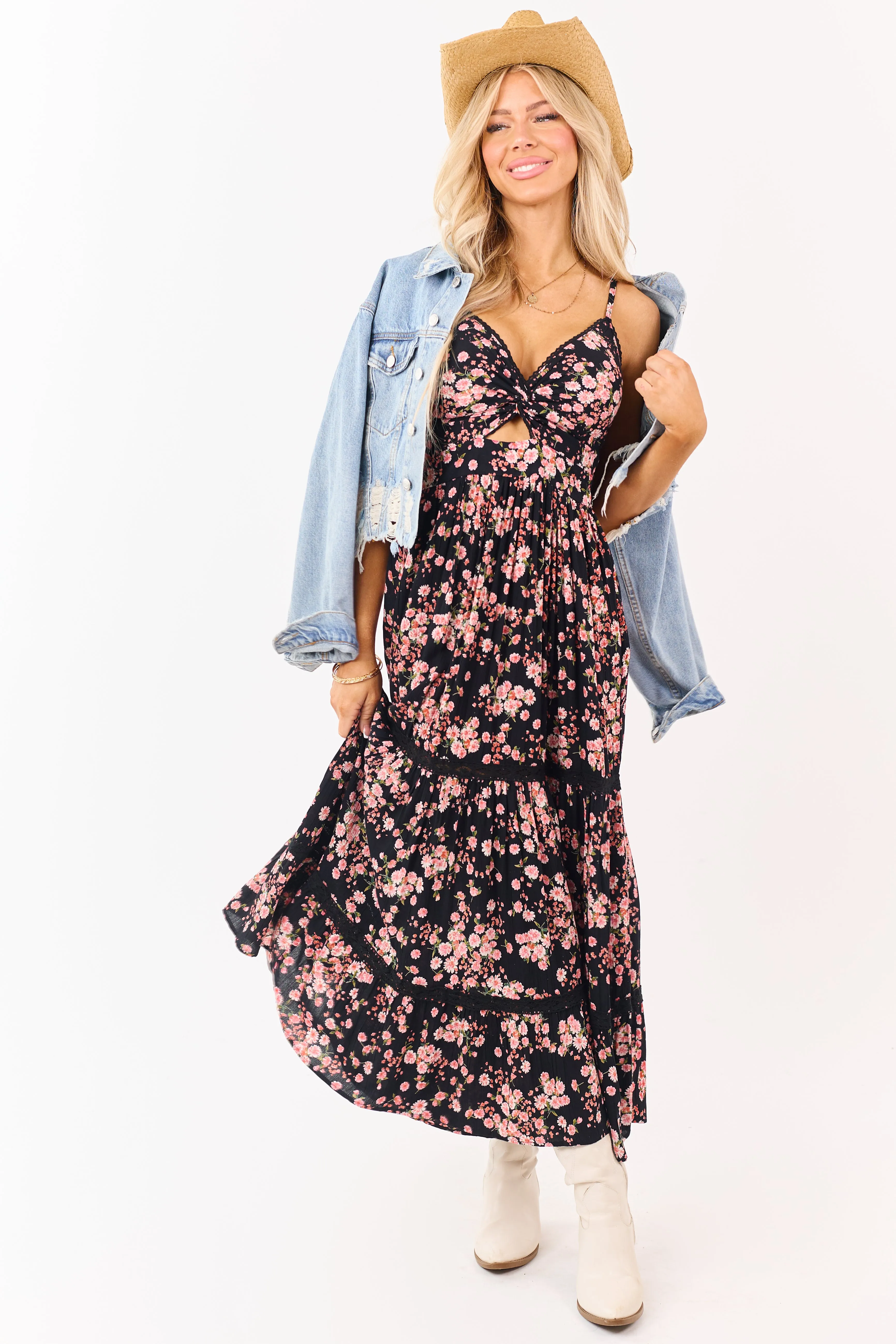 Black Floral Print Front Twist Deep V Maxi Dress sold by Lime Lush product image thumbnail 3