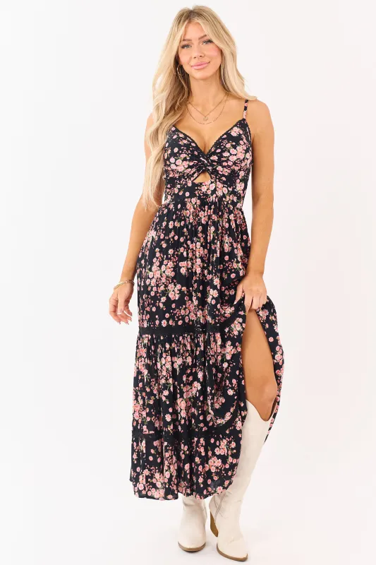 Black Floral Print Front Twist Deep V Maxi Dress made by Angie