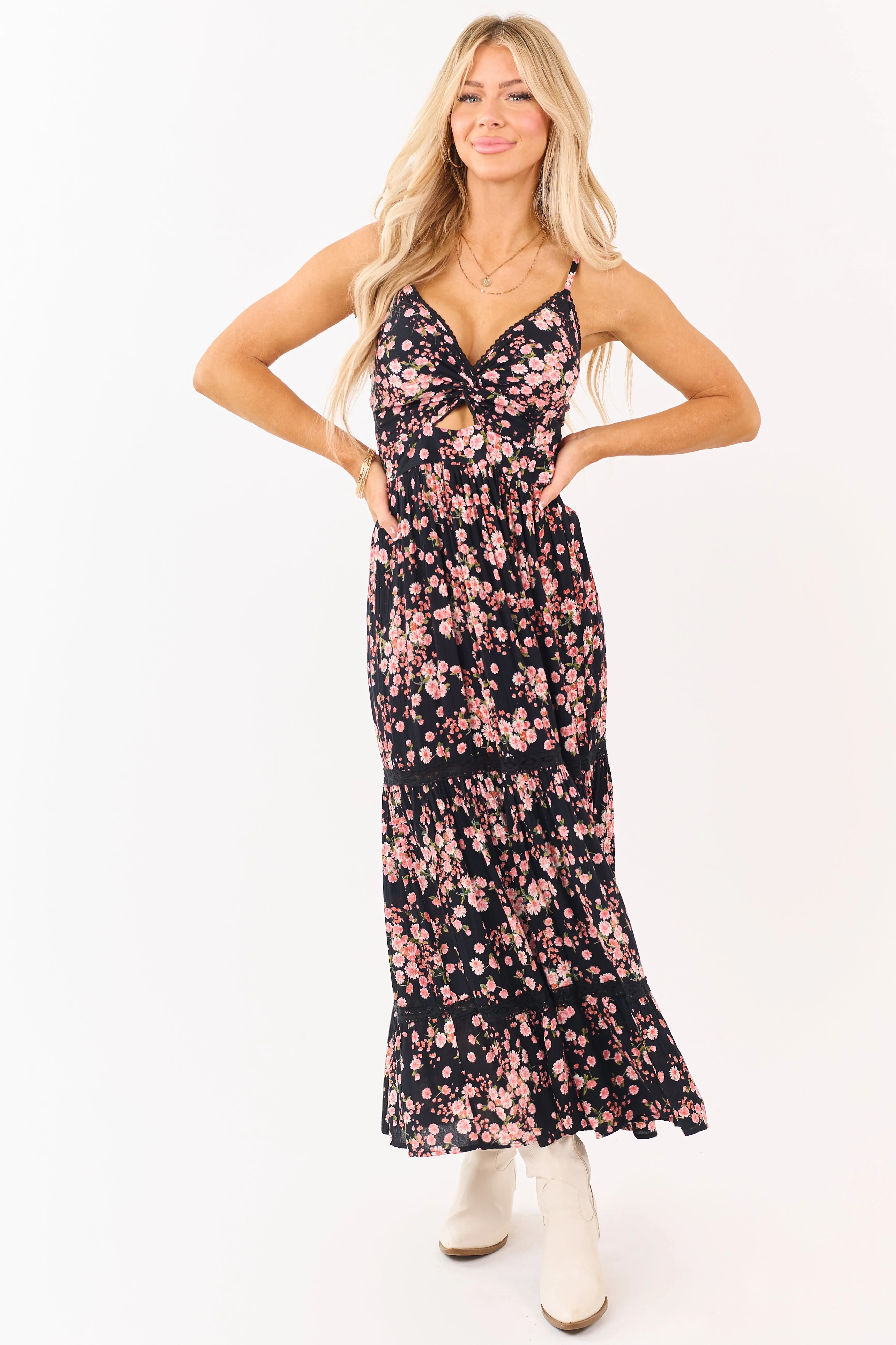 Black Floral Print Front Twist Deep V Maxi Dress sold by Lime Lush product image thumbnail 2