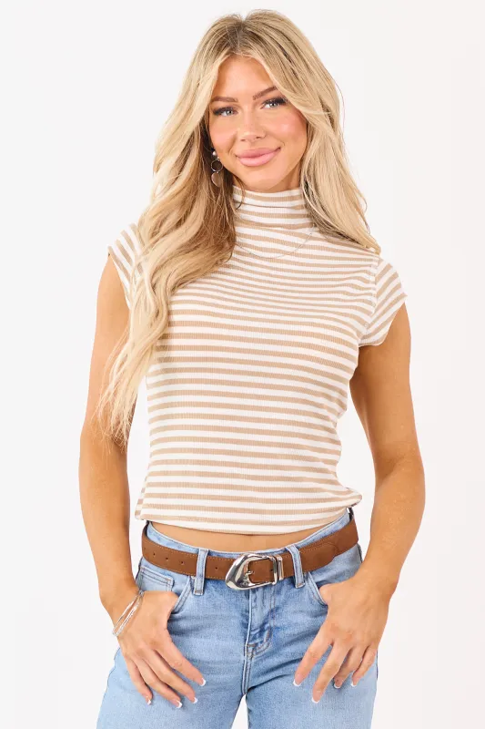 Entro Oatmeal and Ivory Striped Mock Neck Top sold by Lime Lush