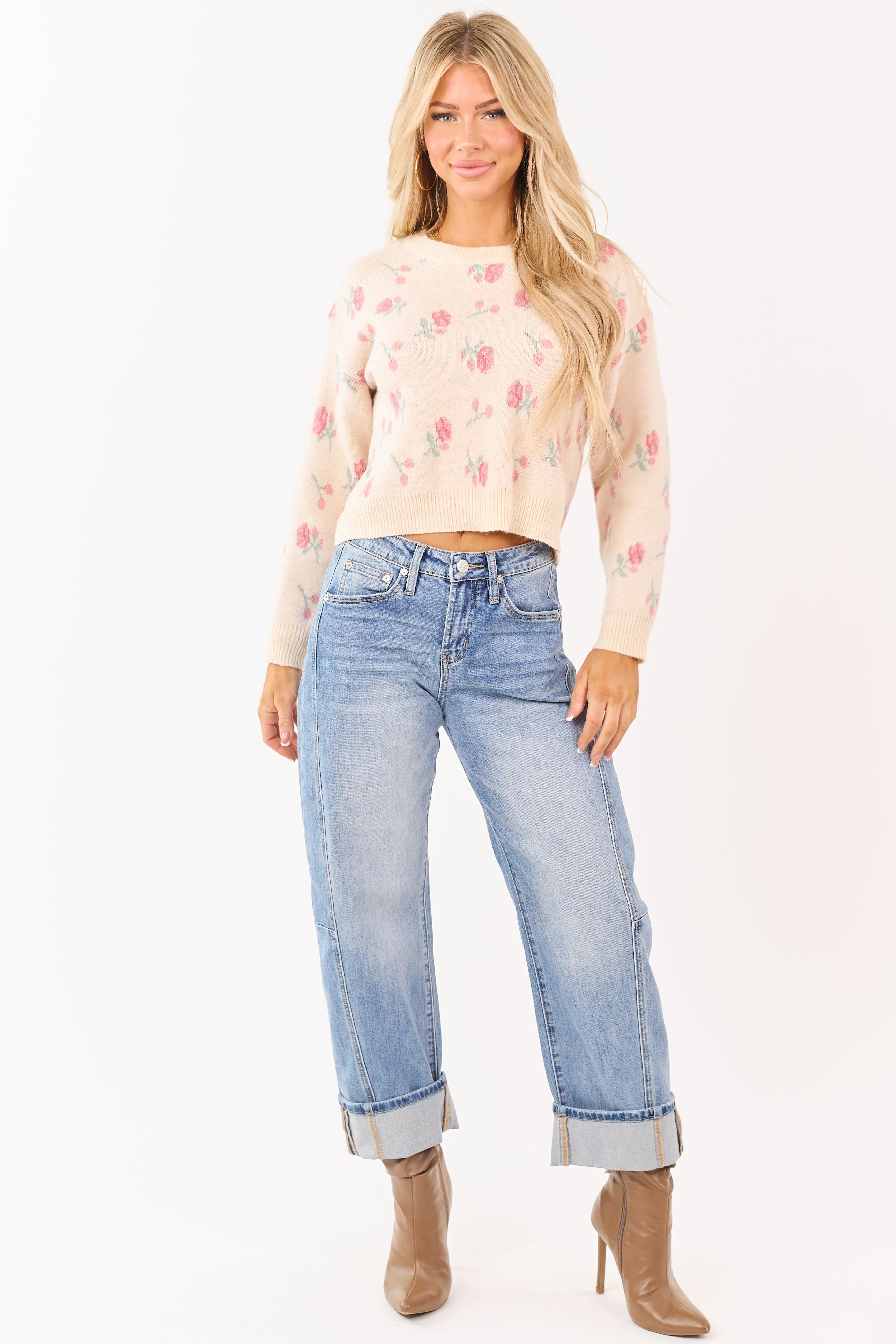 Faded Peach Floral Pattern Crew Neck Sweater sold by Lime Lush product image thumbnail 2