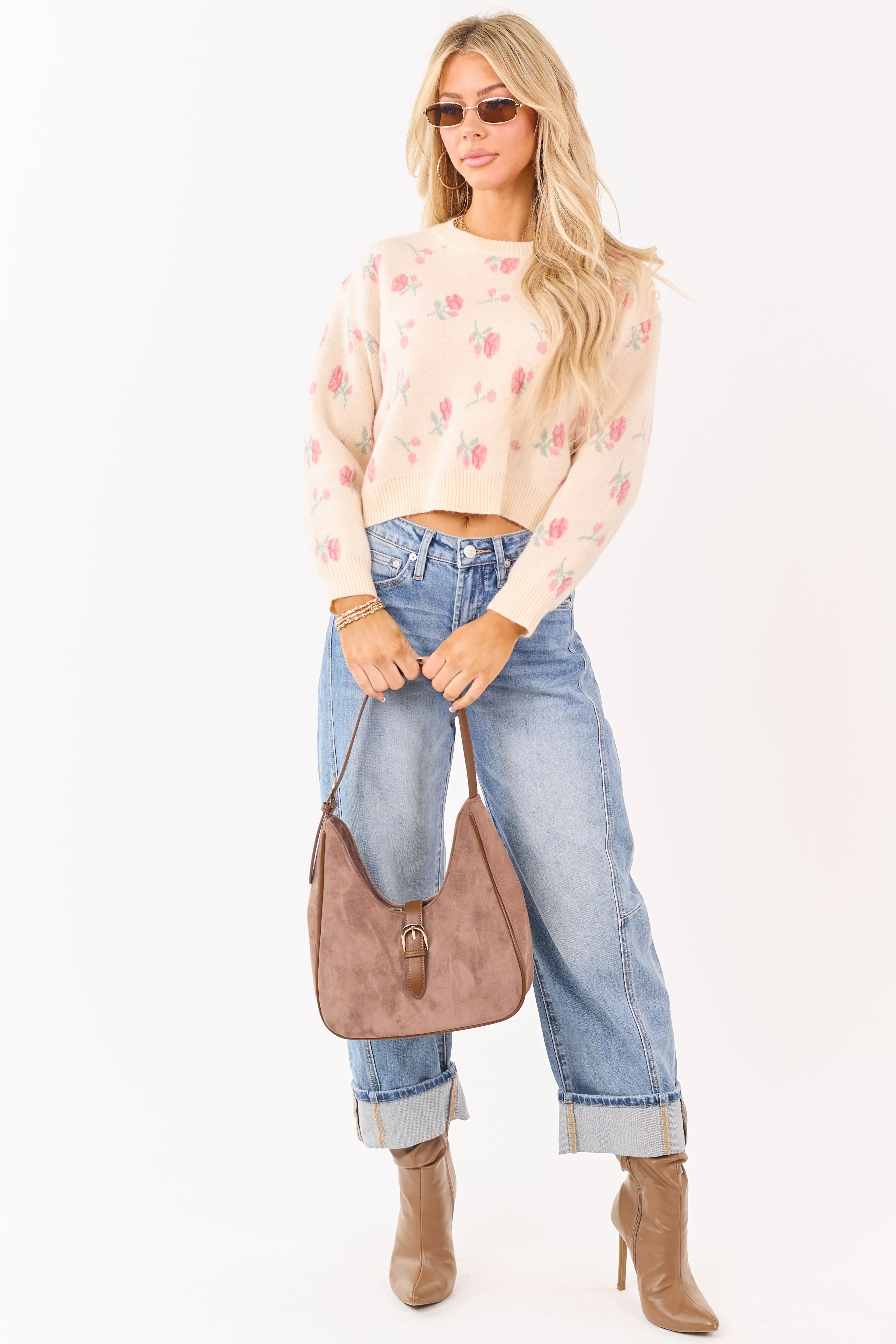 Faded Peach Floral Pattern Crew Neck Sweater sold by Lime Lush product image thumbnail 3