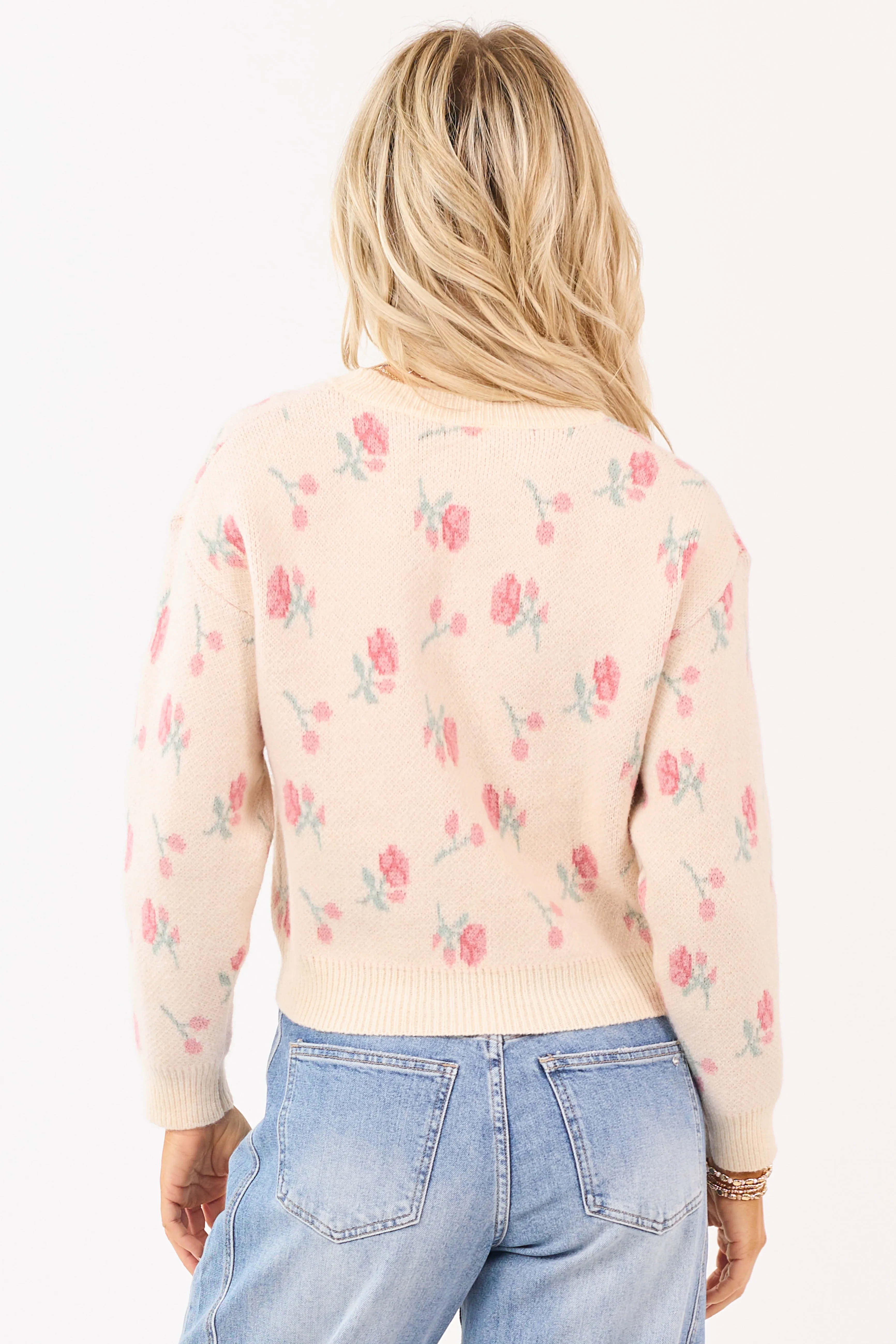 Faded Peach Floral Pattern Crew Neck Sweater sold by Lime Lush product image thumbnail 5