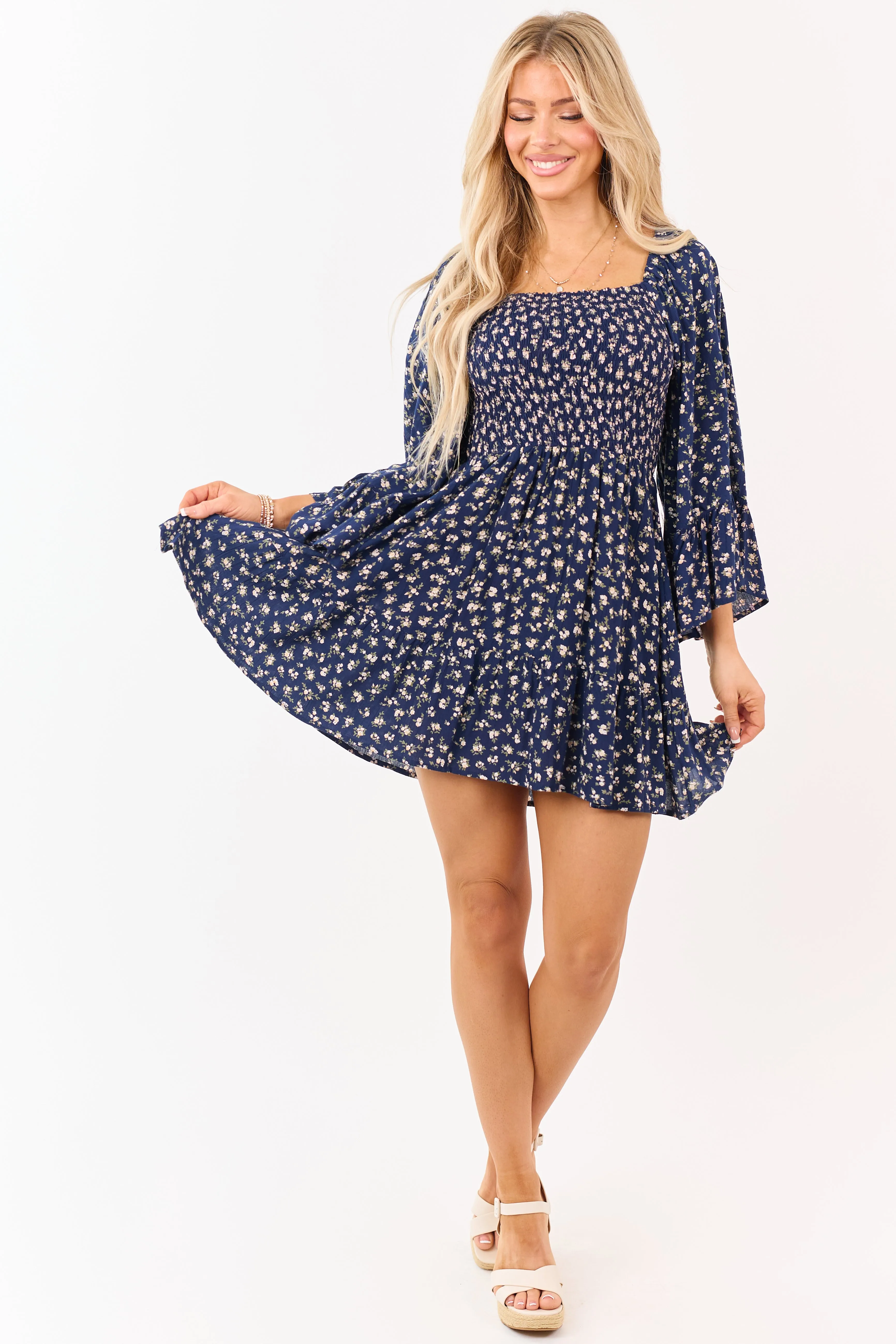 Navy Ditsy Floral Flutter Sleeve Smocked Mini Dress sold by Lime Lush product image thumbnail 2