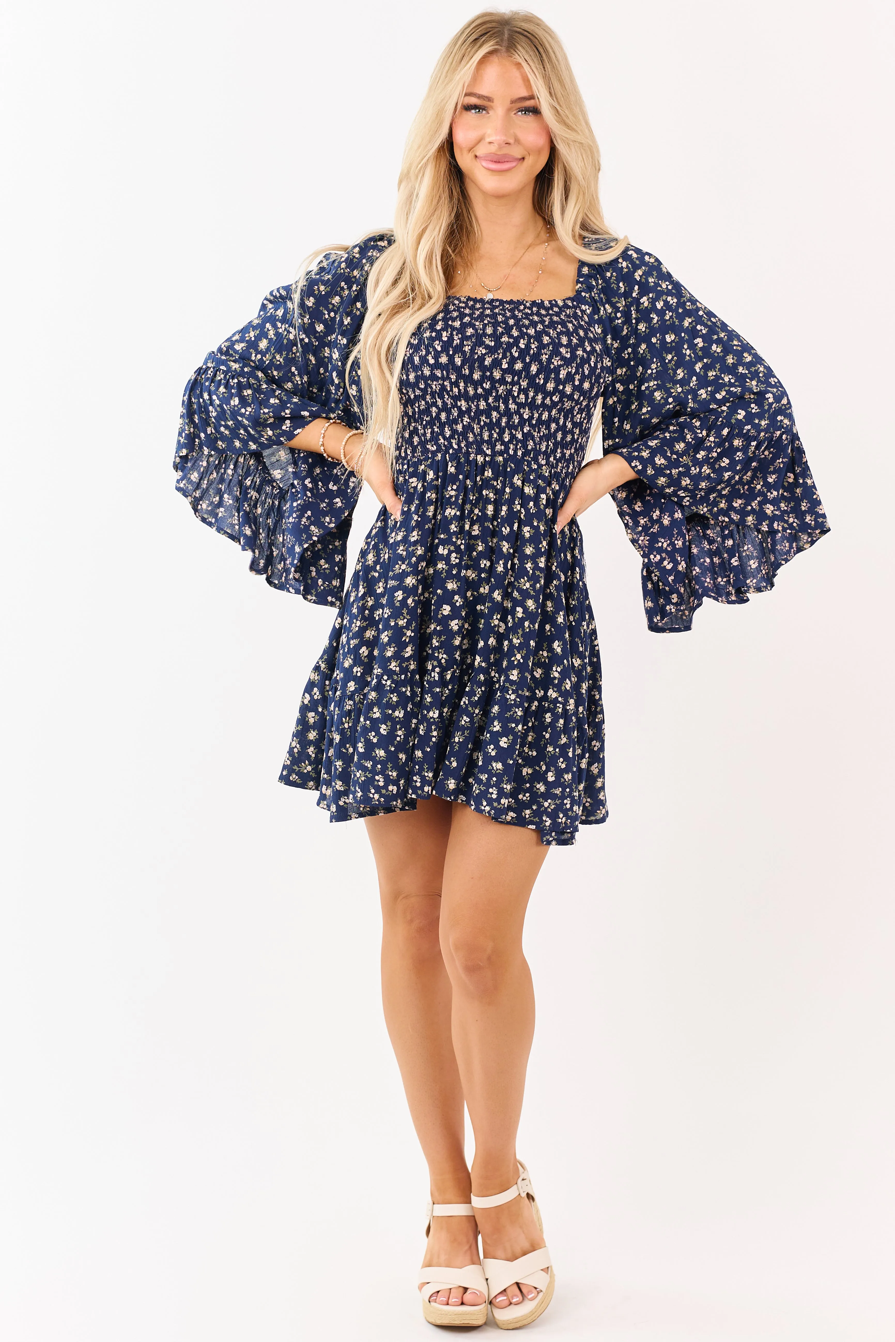 Navy Ditsy Floral Flutter Sleeve Smocked Mini Dress sold by Lime Lush product image thumbnail 3