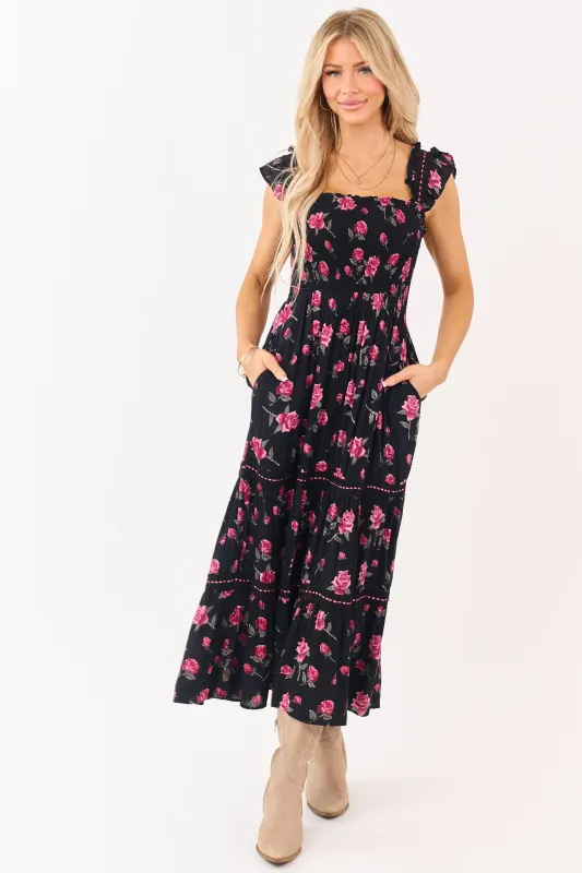 Black Floral Print Smocked Lace Detail Midi Dress made by Angie
