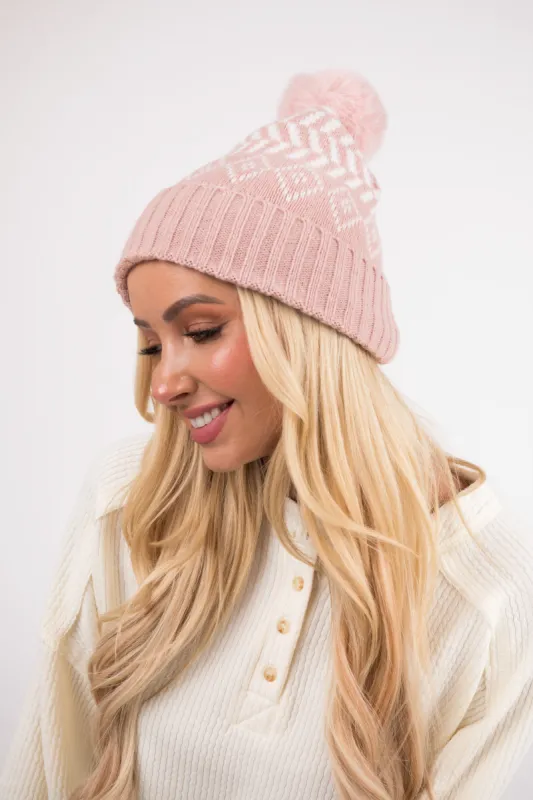 Hazy Blush Printed Faux Fur Pom Pom Beanie sold by Lime Lush