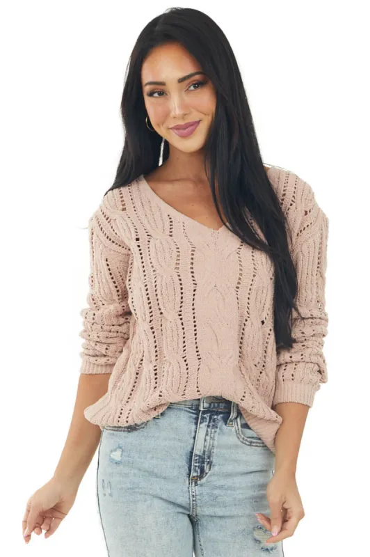 Hazy Blush Chenille Loose Cable Knit Sweater sold by Lime Lush