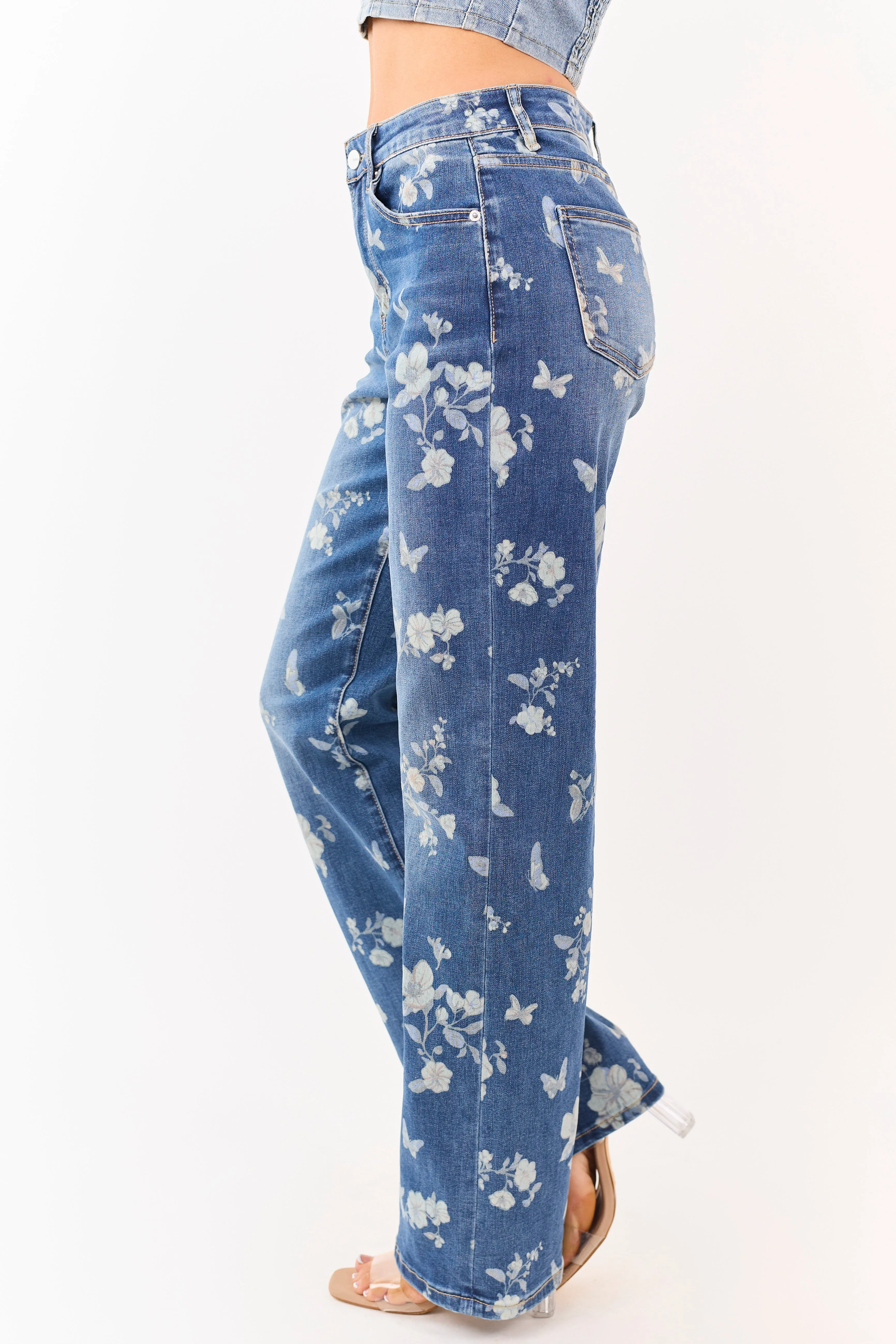 Mica Denim Medium Wash Floral Stretchy Wide Leg Jeans sold by Lime Lush product image thumbnail 3