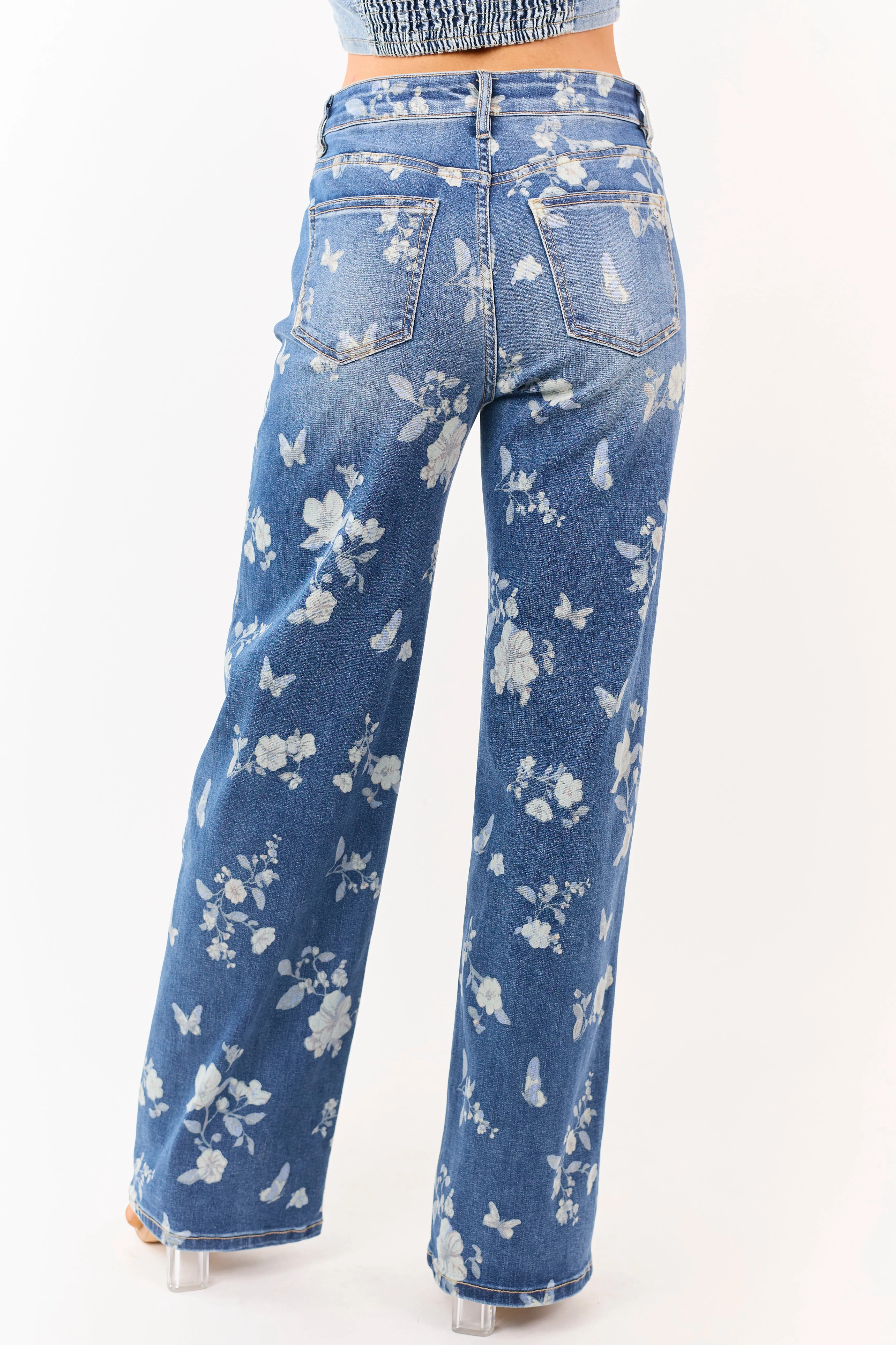 Mica Denim Medium Wash Floral Stretchy Wide Leg Jeans sold by Lime Lush product image thumbnail 4