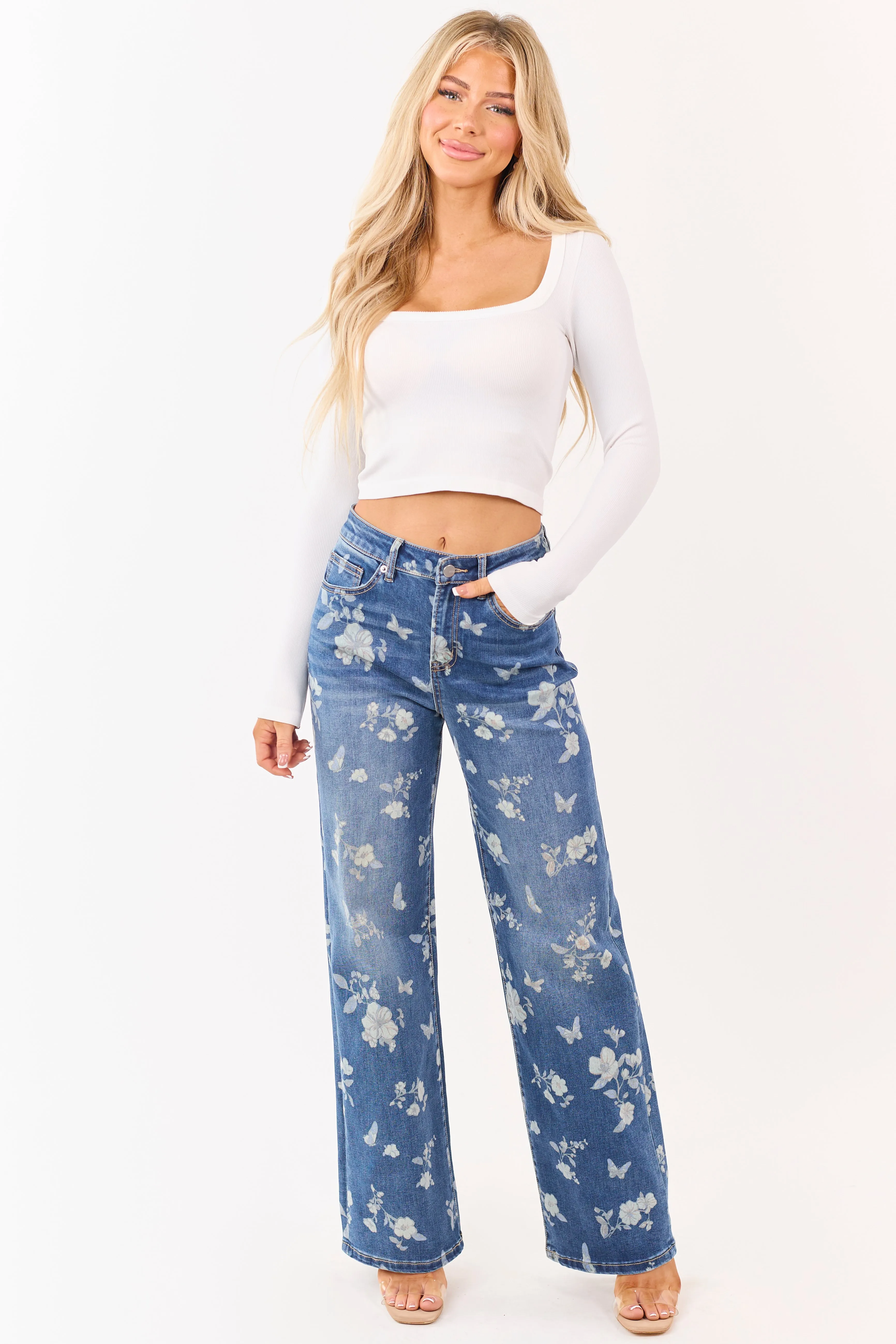 Mica Denim Medium Wash Floral Stretchy Wide Leg Jeans sold by Lime Lush product image thumbnail 2