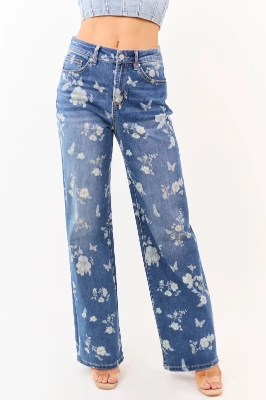 Mica Denim Medium Wash Floral Stretchy Wide Leg Jeans made by Mica Denim