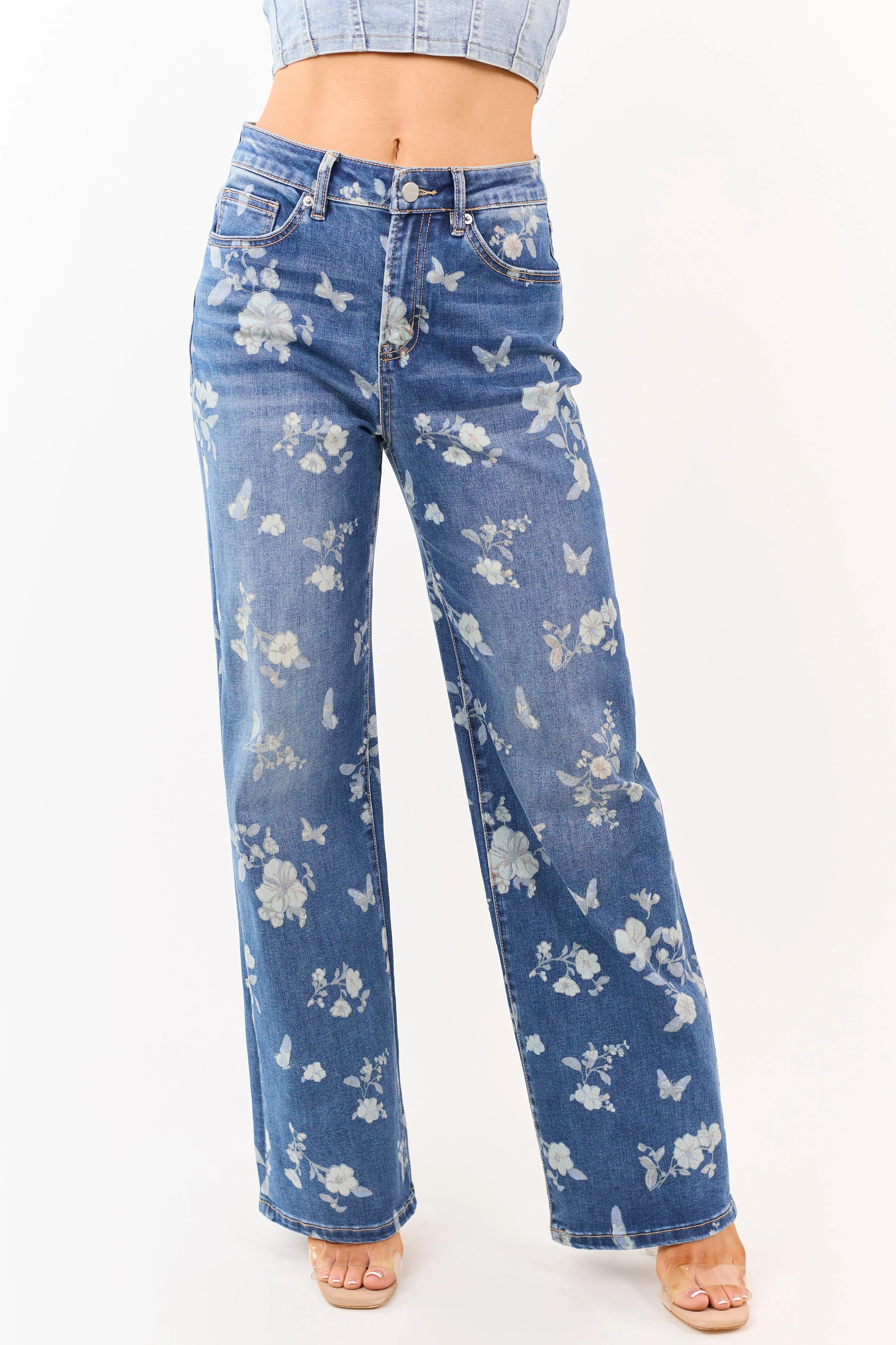 Mica Denim Medium Wash Floral Stretchy Wide Leg Jeans sold by Lime Lush