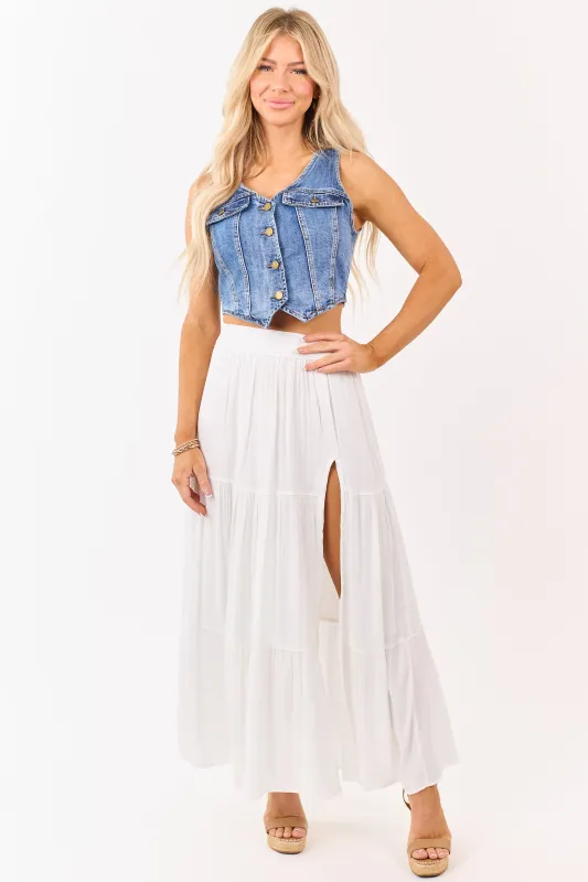 White Tiered Side Slit Maxi Skirt made by Angie
