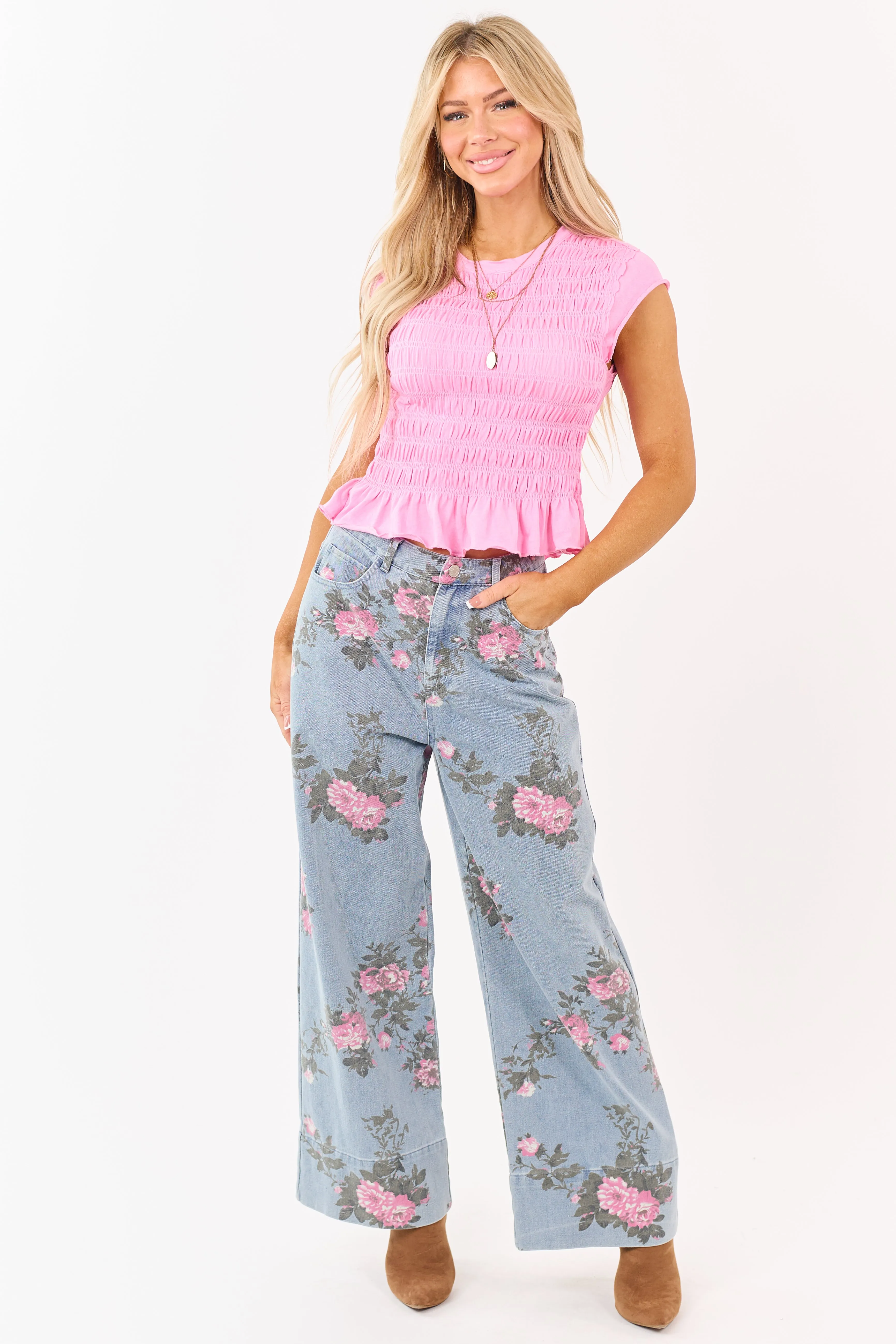 Entro Bright Bubblegum Smocked Short Sleeve Top sold by Lime Lush product image thumbnail 2