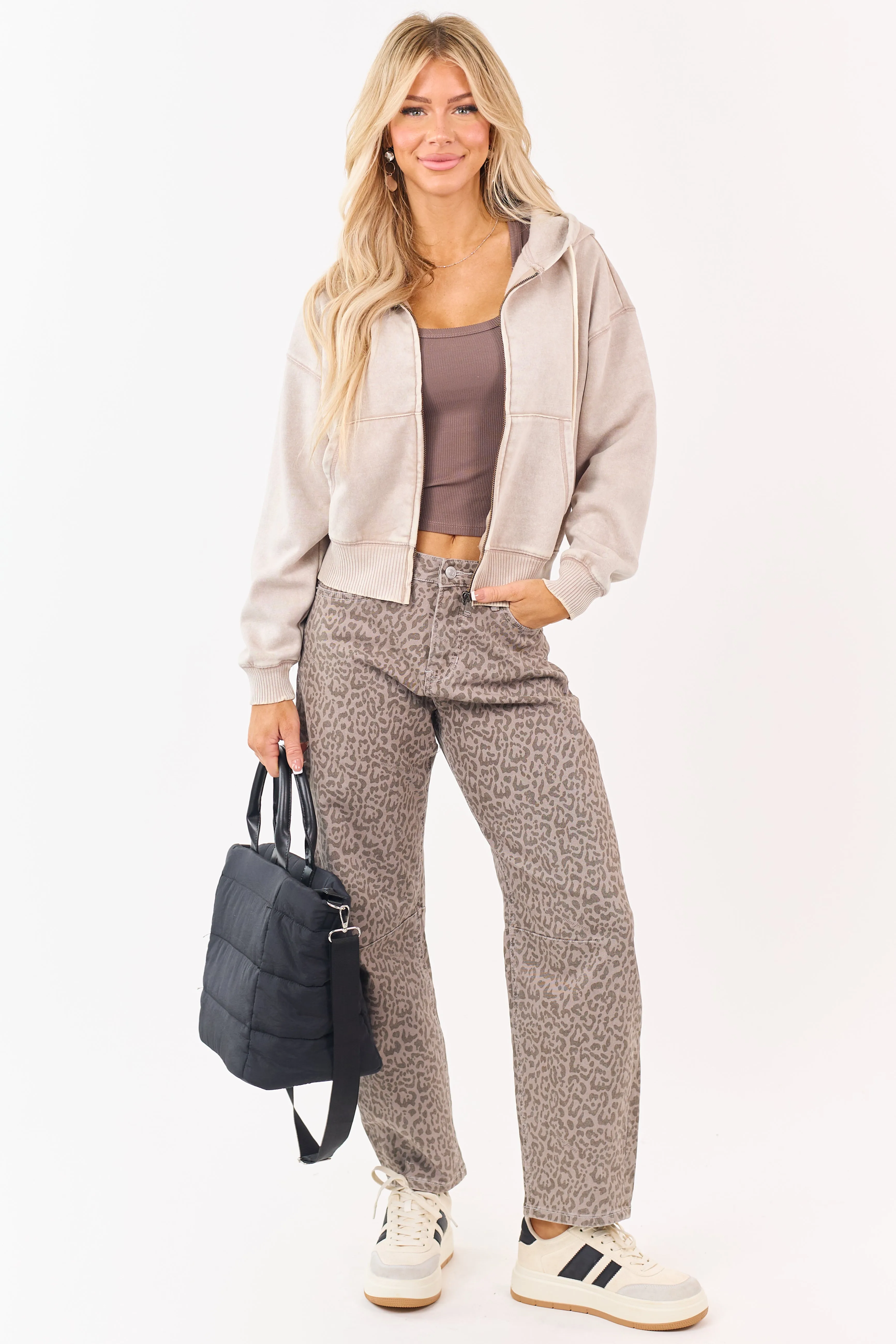 Oatmeal Acid Wash Fleece Lined Zip Up Hoodie sold by Lime Lush product image thumbnail 3
