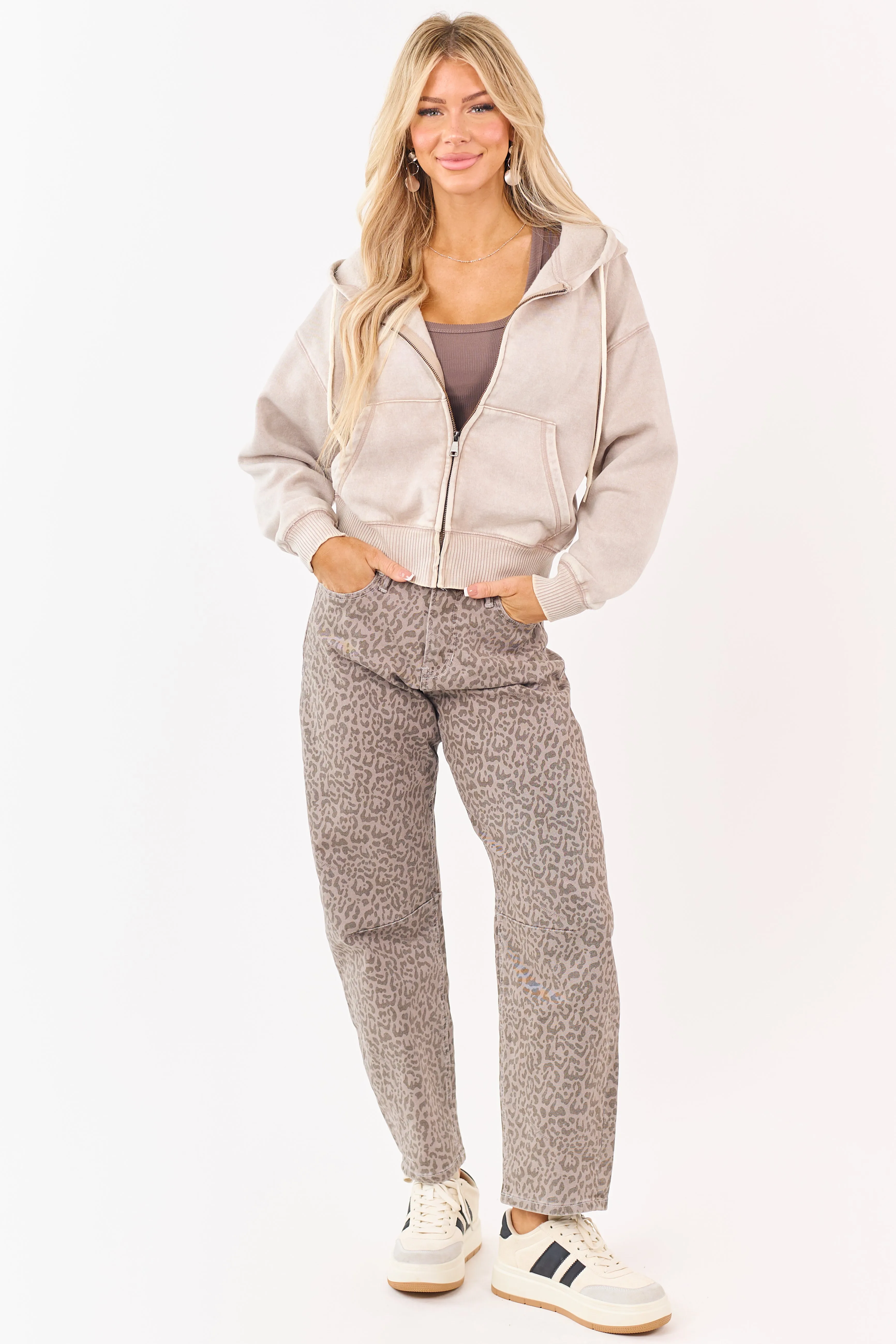 Oatmeal Acid Wash Fleece Lined Zip Up Hoodie sold by Lime Lush product image thumbnail 2