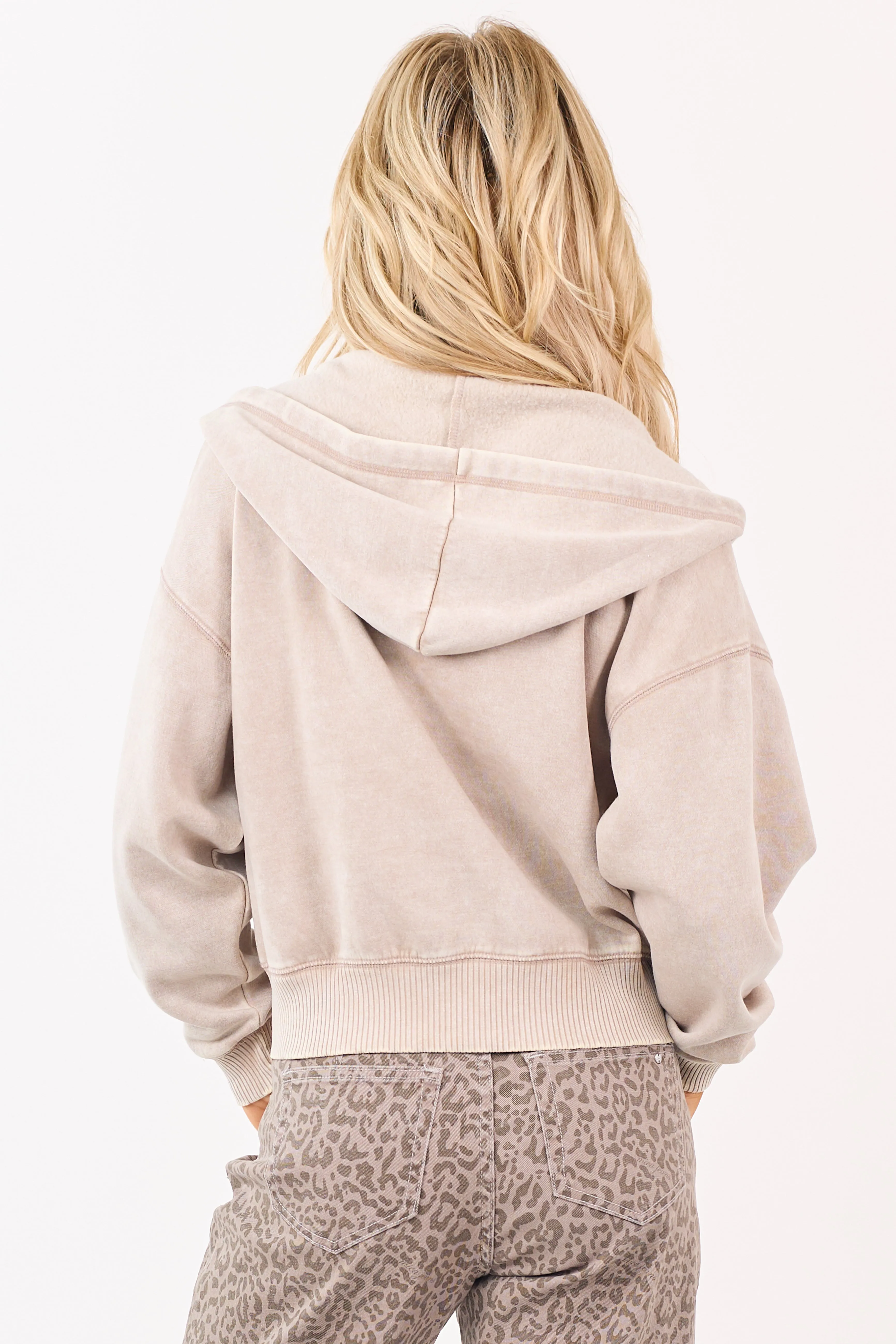 Oatmeal Acid Wash Fleece Lined Zip Up Hoodie sold by Lime Lush product image thumbnail 5