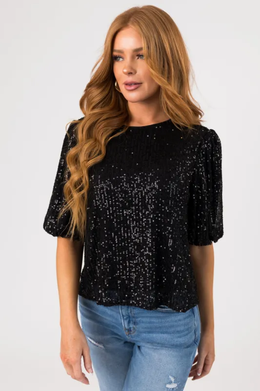 She+Sky Black Sequined Half Puff Sleeve Top sold by Lime Lush