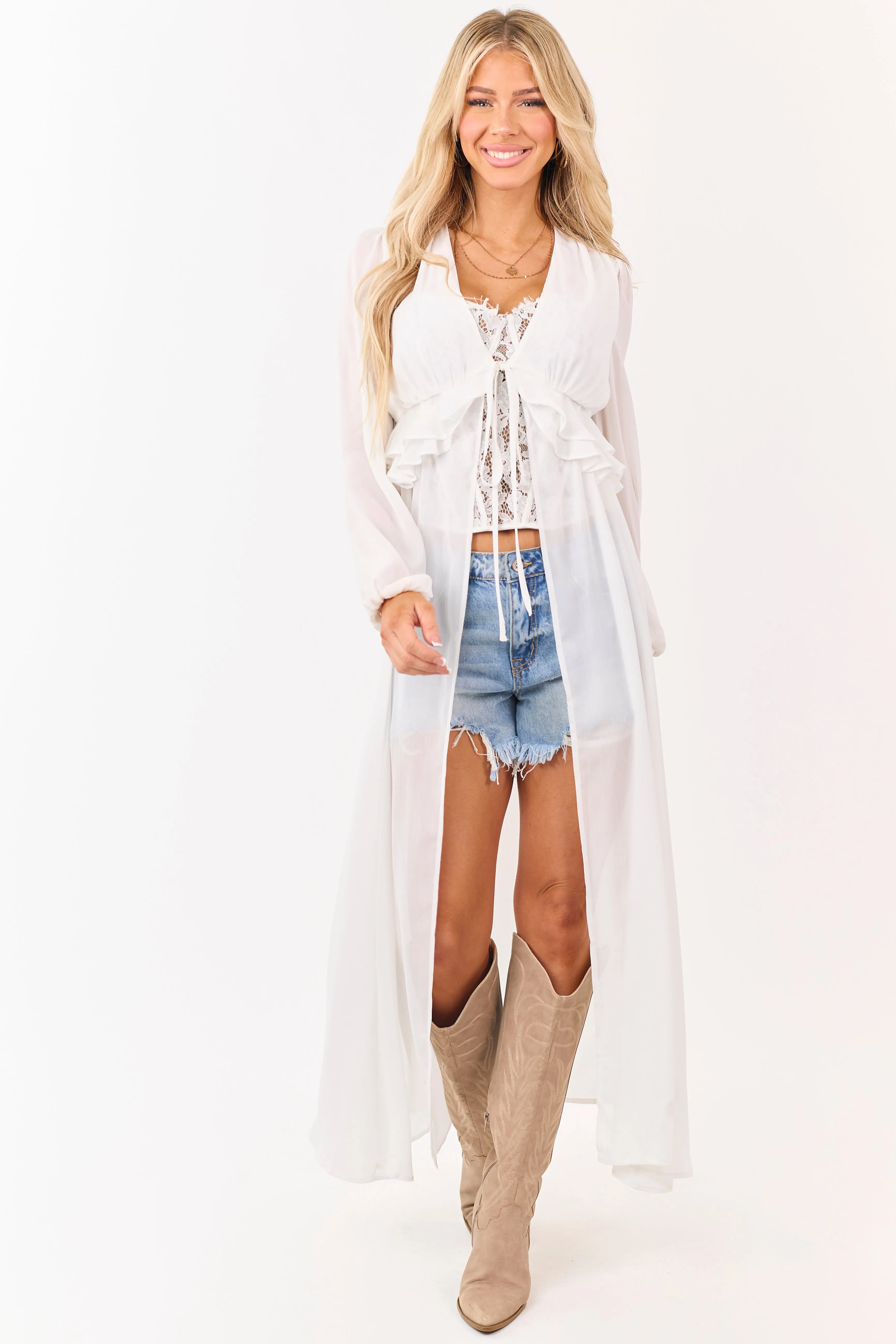 Ivory Front Tie Side Cut Out Sheer Duster Cardigan sold by Lime Lush product image thumbnail 2
